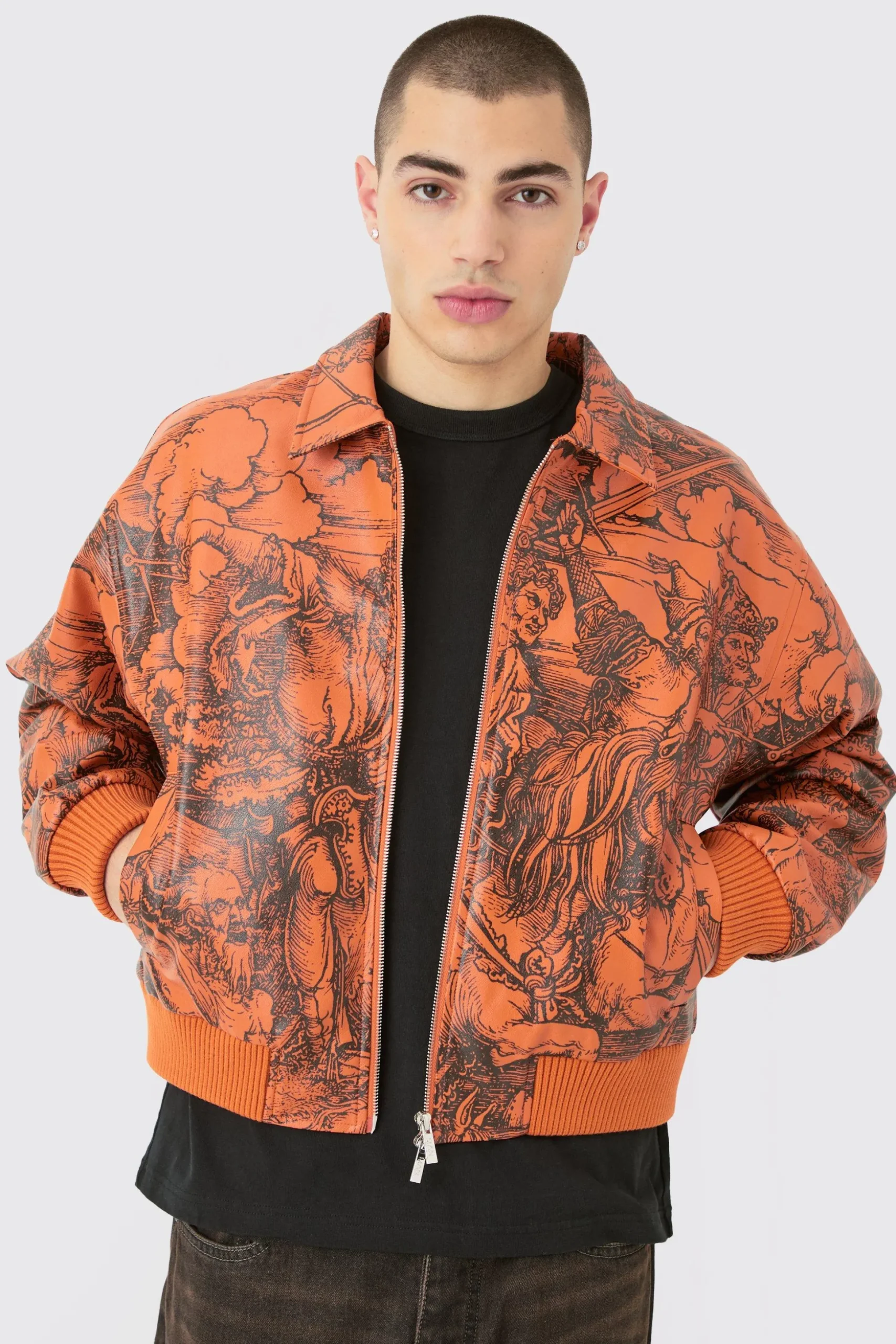 Boxy Printed Pu Collared Bomber | BoohooMAN UK