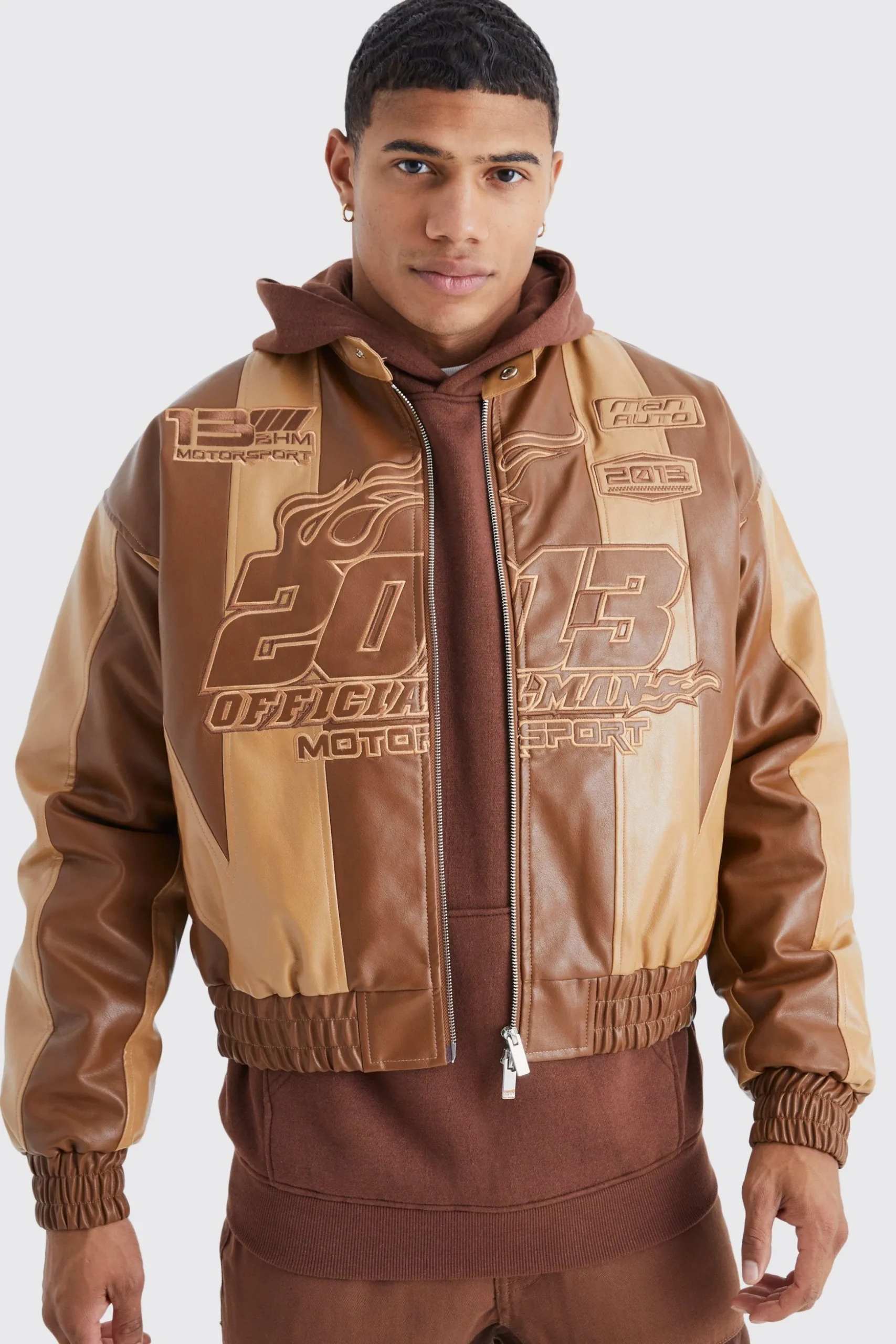 Boxy Pu Panelled Applique Moto Jacket | BoohooMAN UK