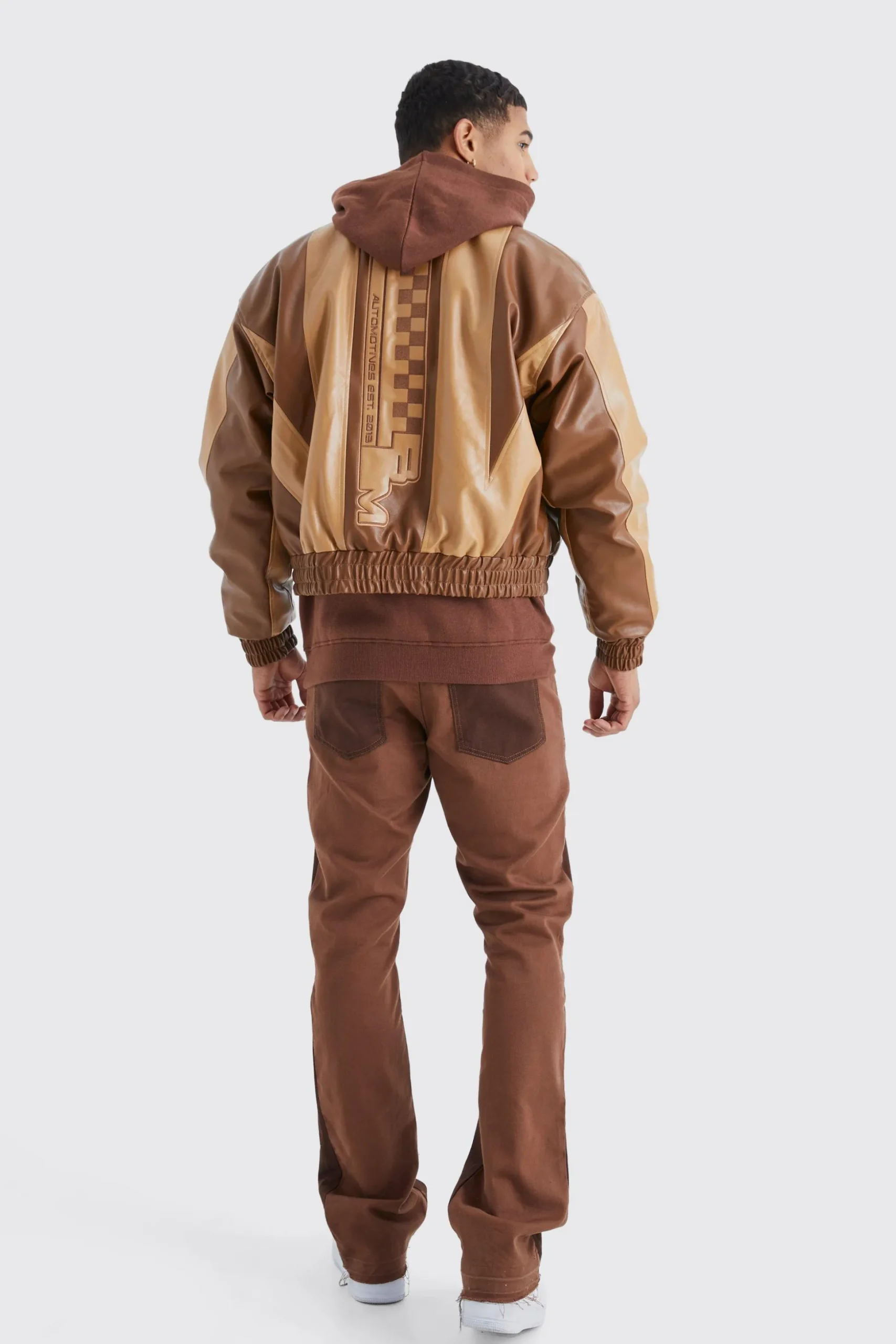 Boxy Pu Panelled Applique Moto Jacket | BoohooMAN UK