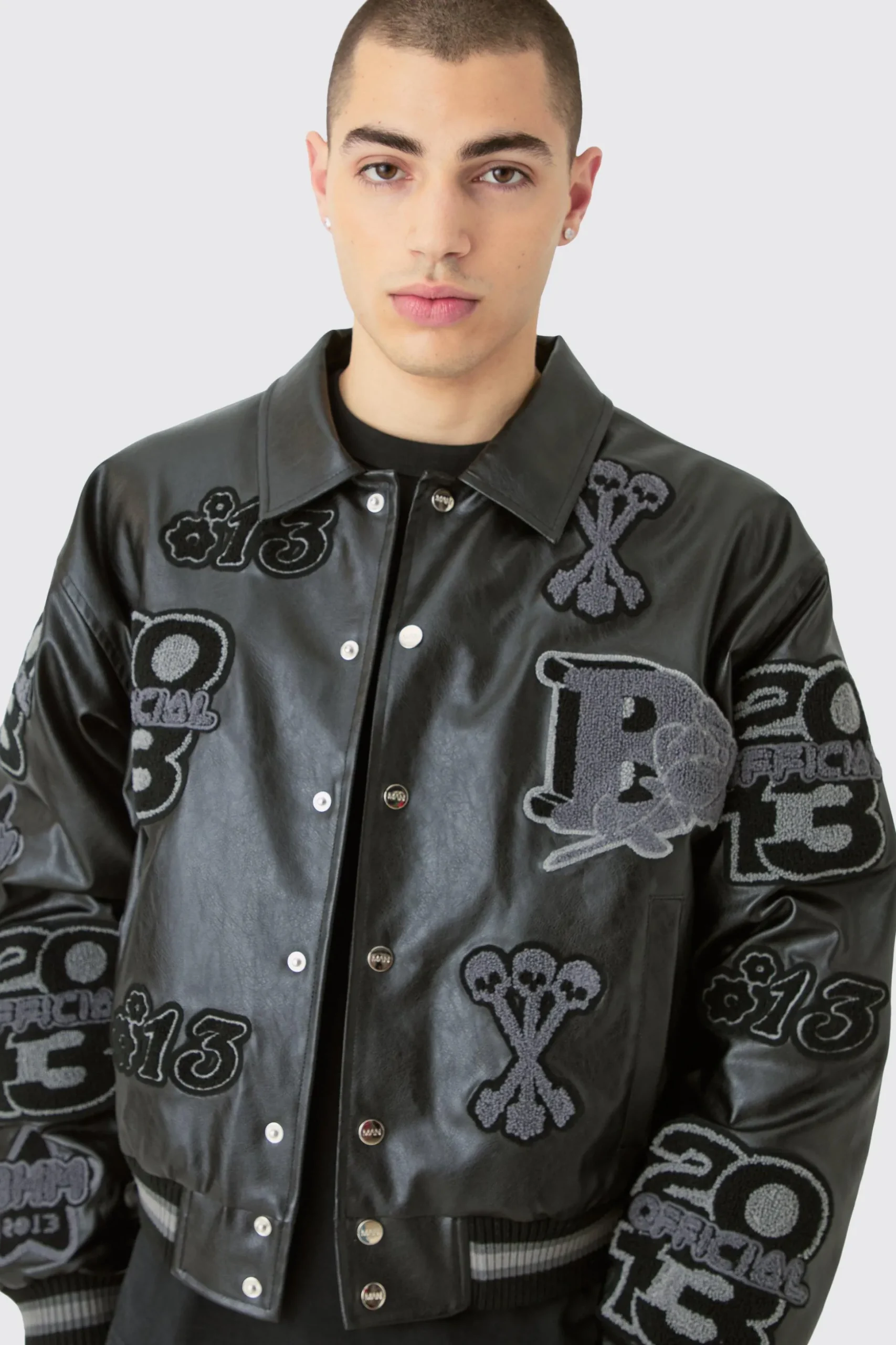 Boxy Pu Tonal Badge Varsity Jacket | BoohooMAN UK