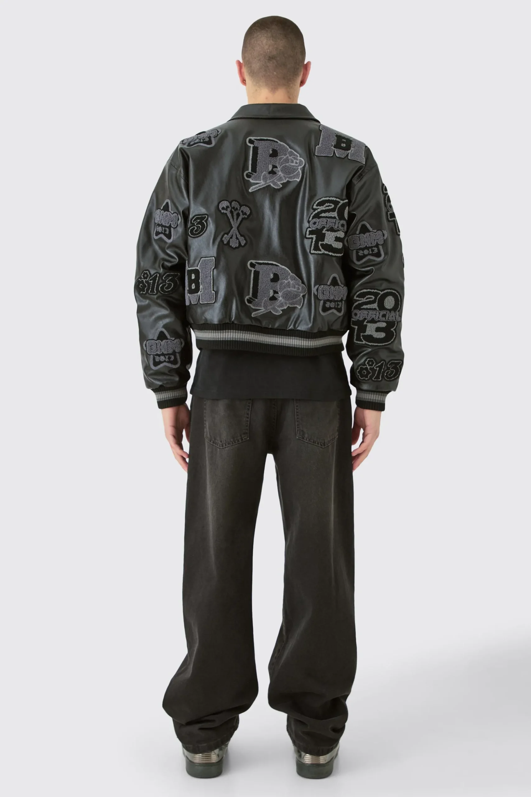 Boxy Pu Tonal Badge Varsity Jacket | BoohooMAN UK