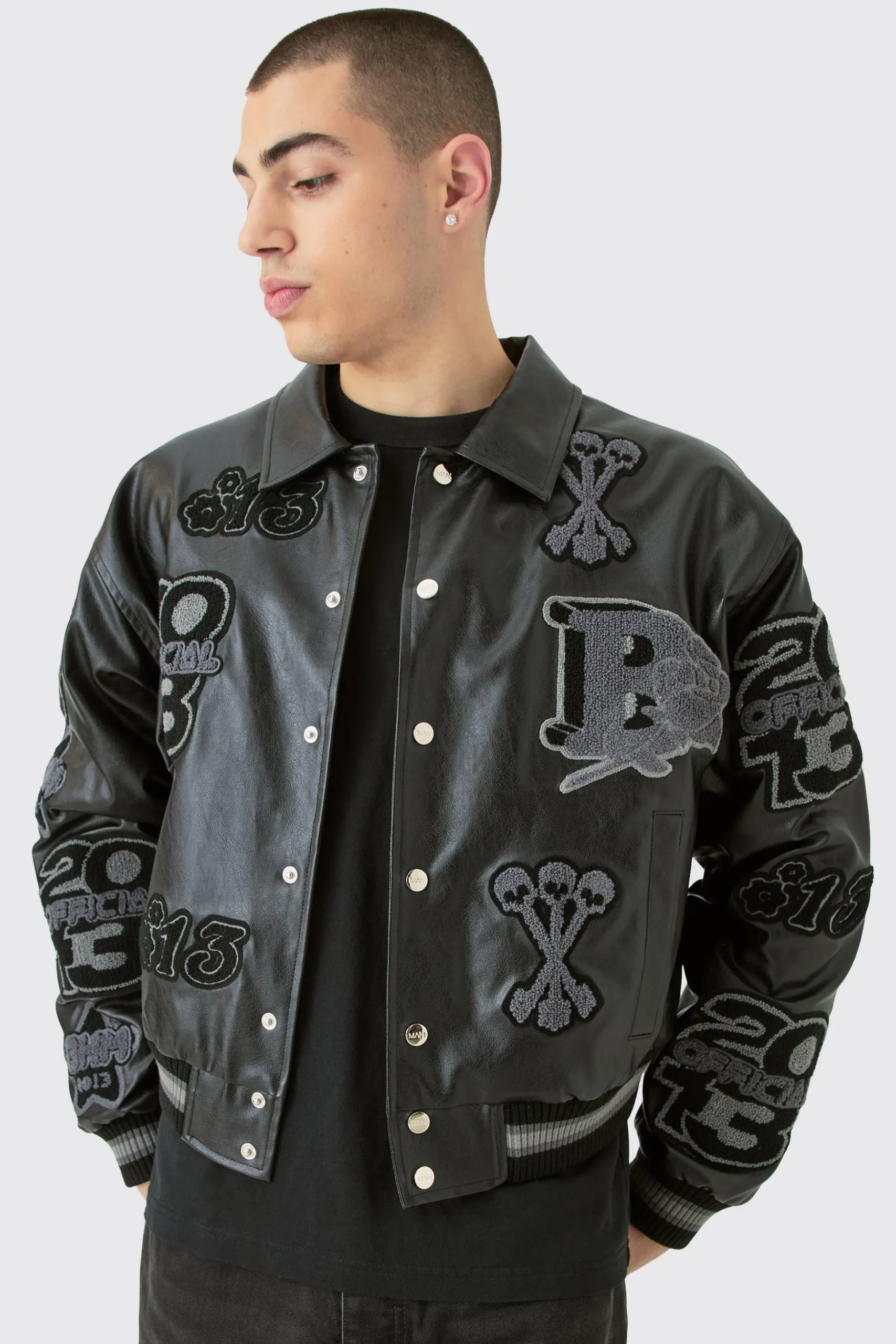 Boxy Pu Tonal Badge Varsity Jacket | BoohooMAN UK
