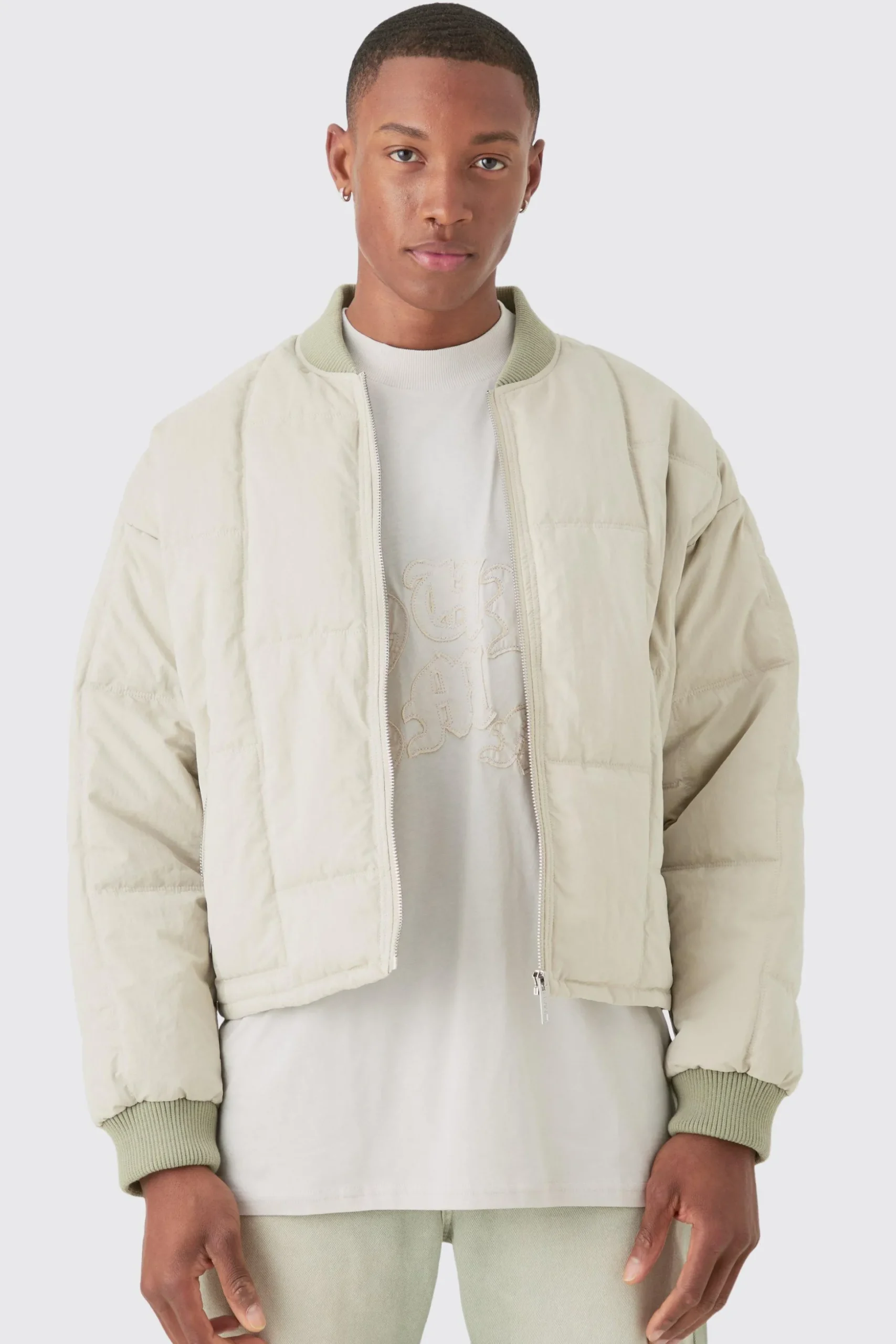 Boxy Quilted Bomber Jacket In Stone | BoohooMAN UK