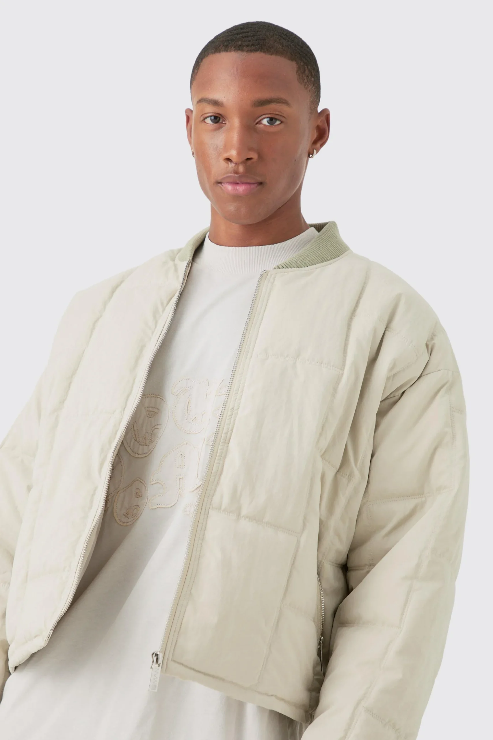 Boxy Quilted Bomber Jacket In Stone | BoohooMAN UK