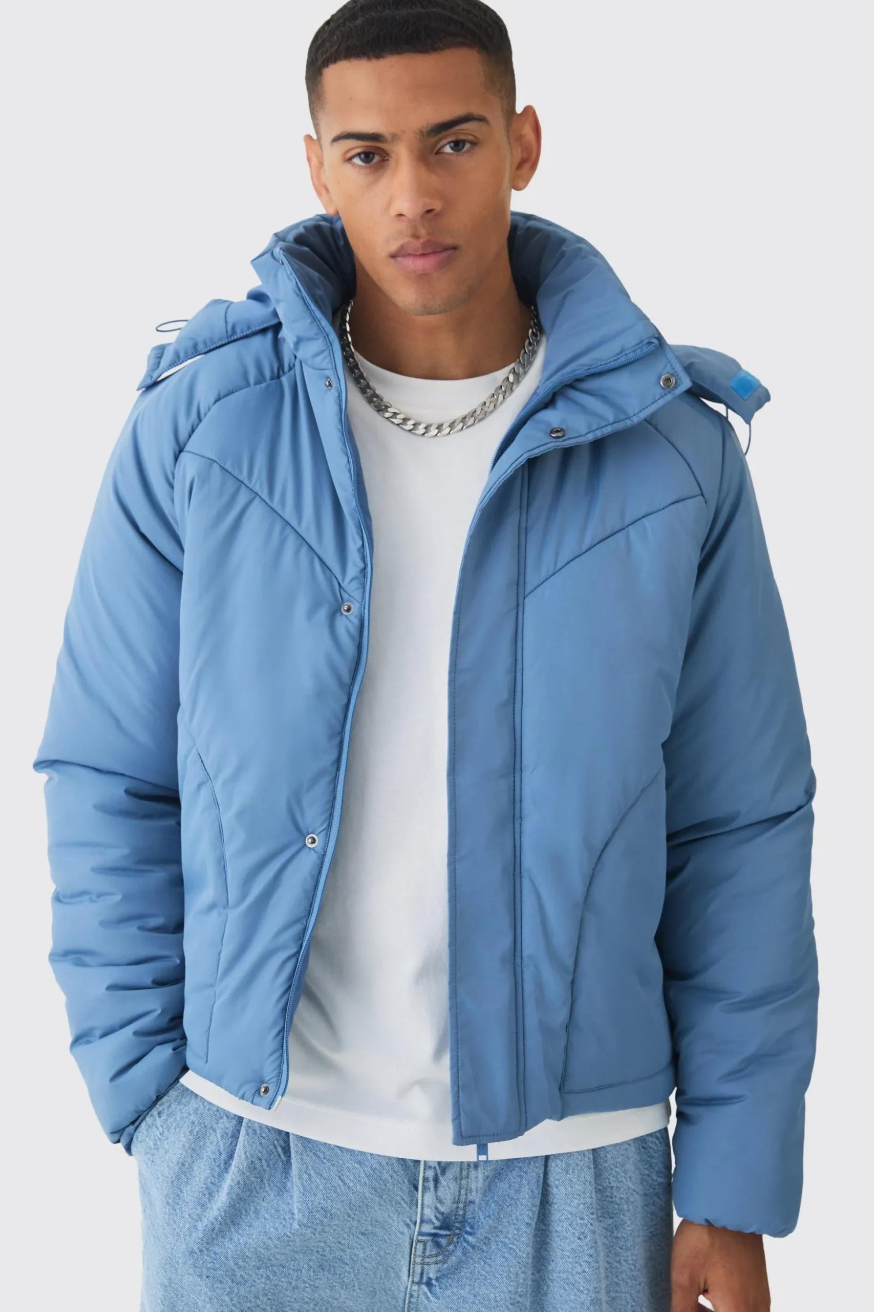 Boxy Quilted Hooded Puffer Coat In Blue | BoohooMAN UK