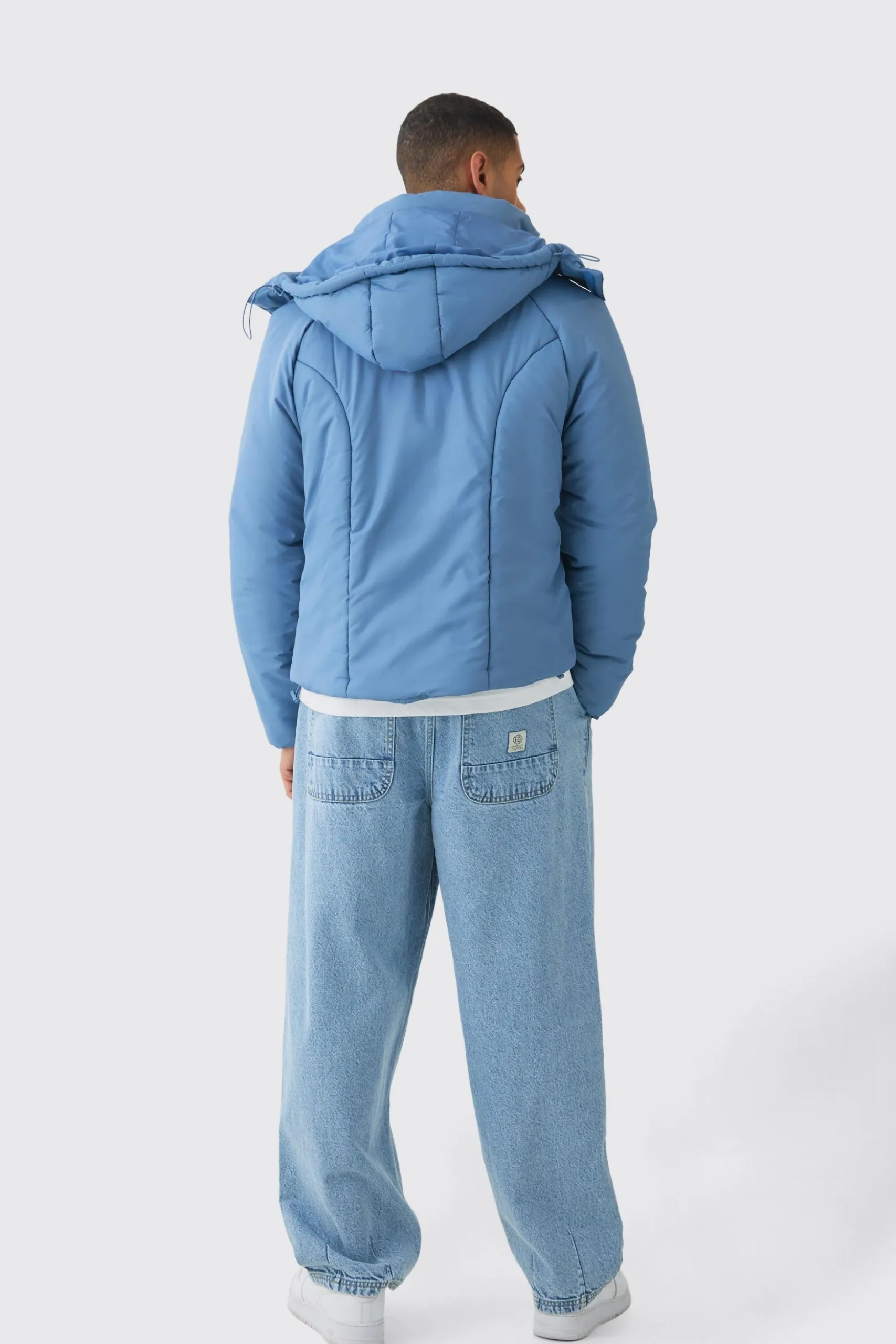 Boxy Quilted Hooded Puffer Coat In Blue | BoohooMAN UK