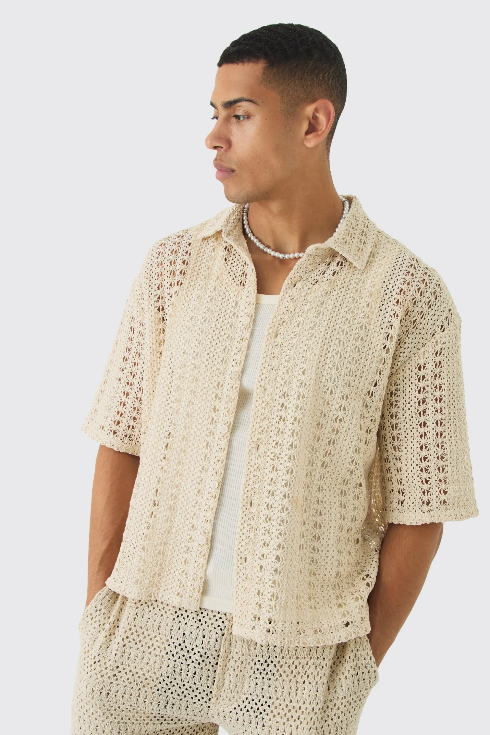 Boxy Revere Crochet Shirt | BoohooMAN UK
