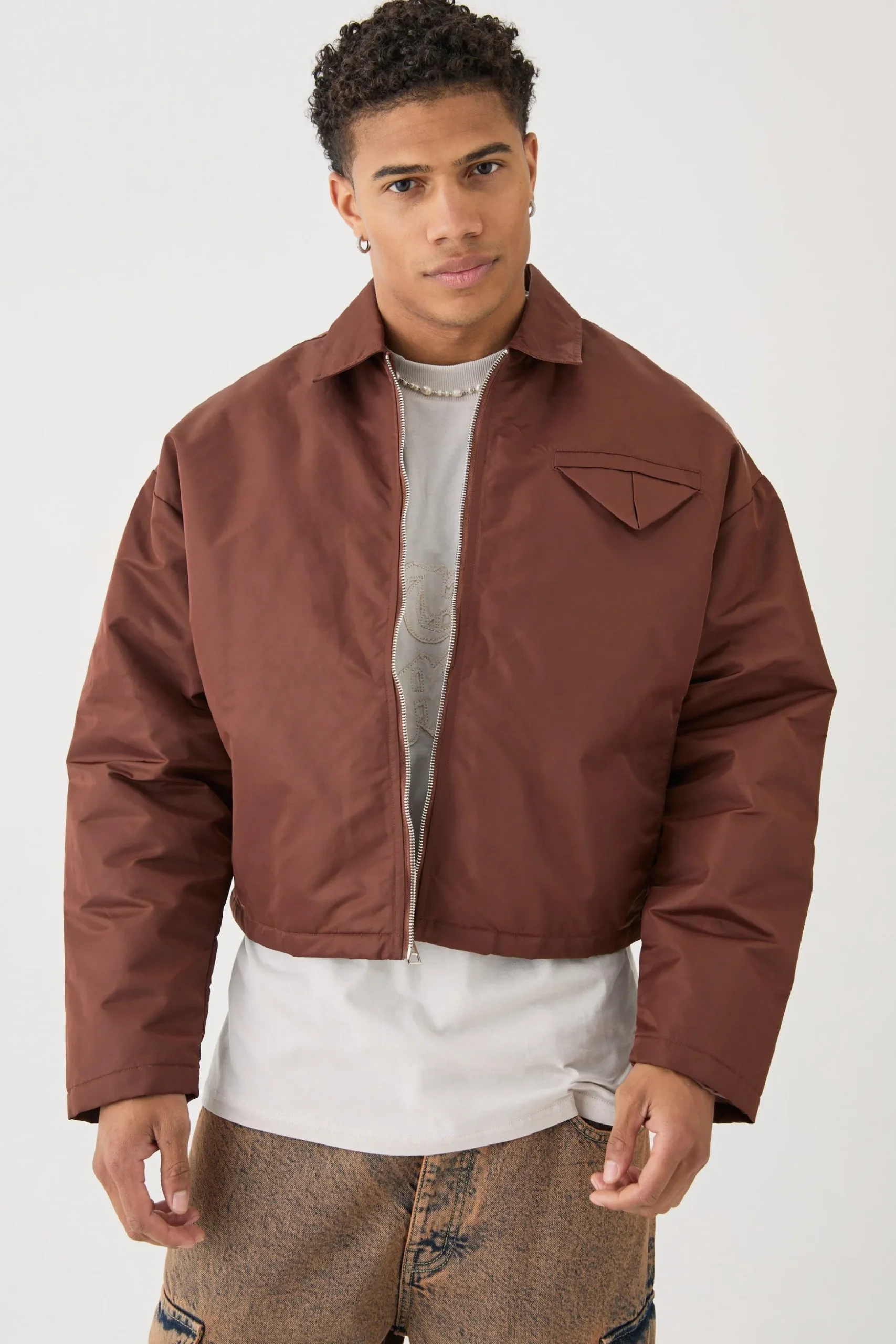 Boxy Satin Collared Bomber | BoohooMAN UK