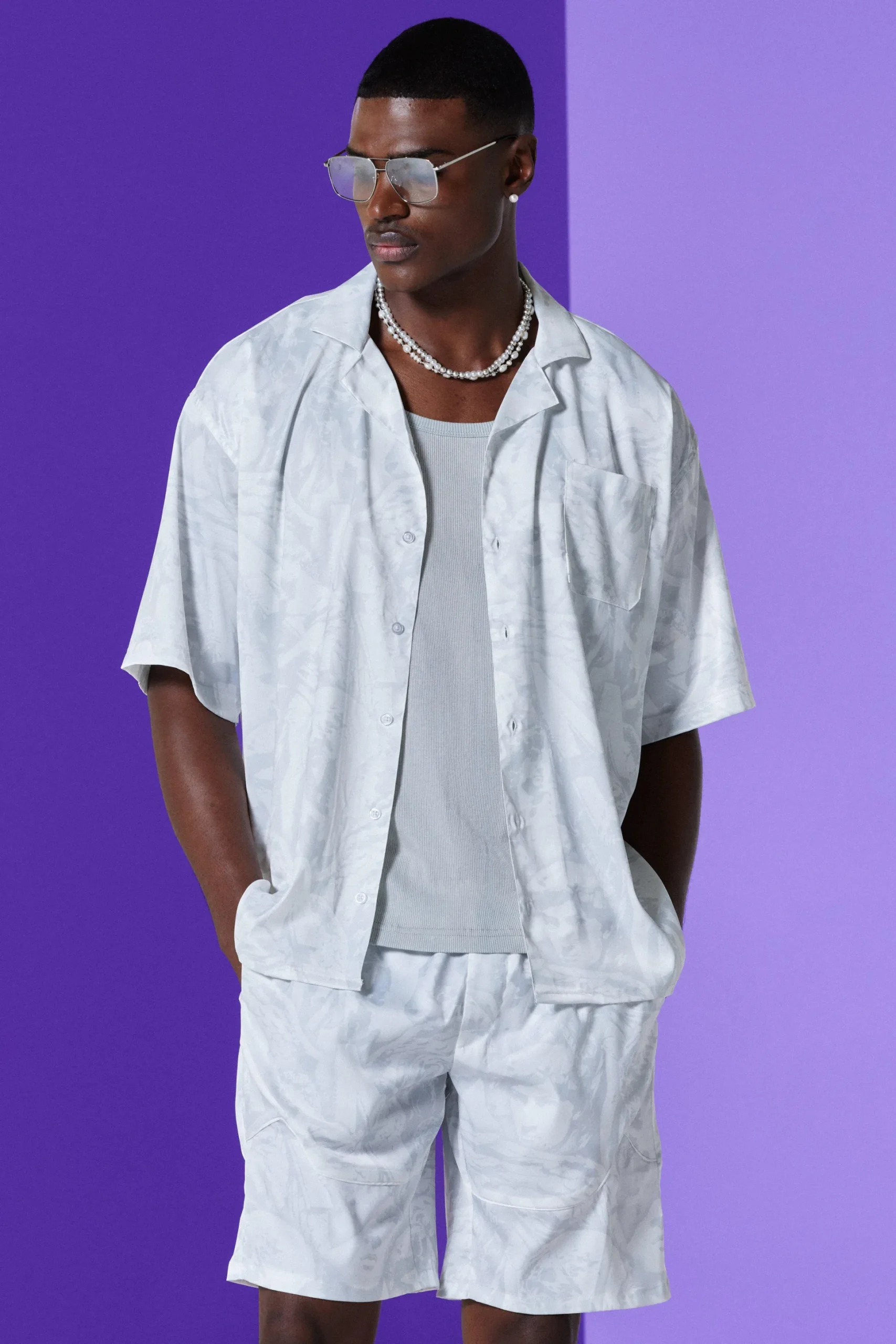 Boxy Satin Revere Collar Print Shirt And Short Set In White | BoohooMAN UK