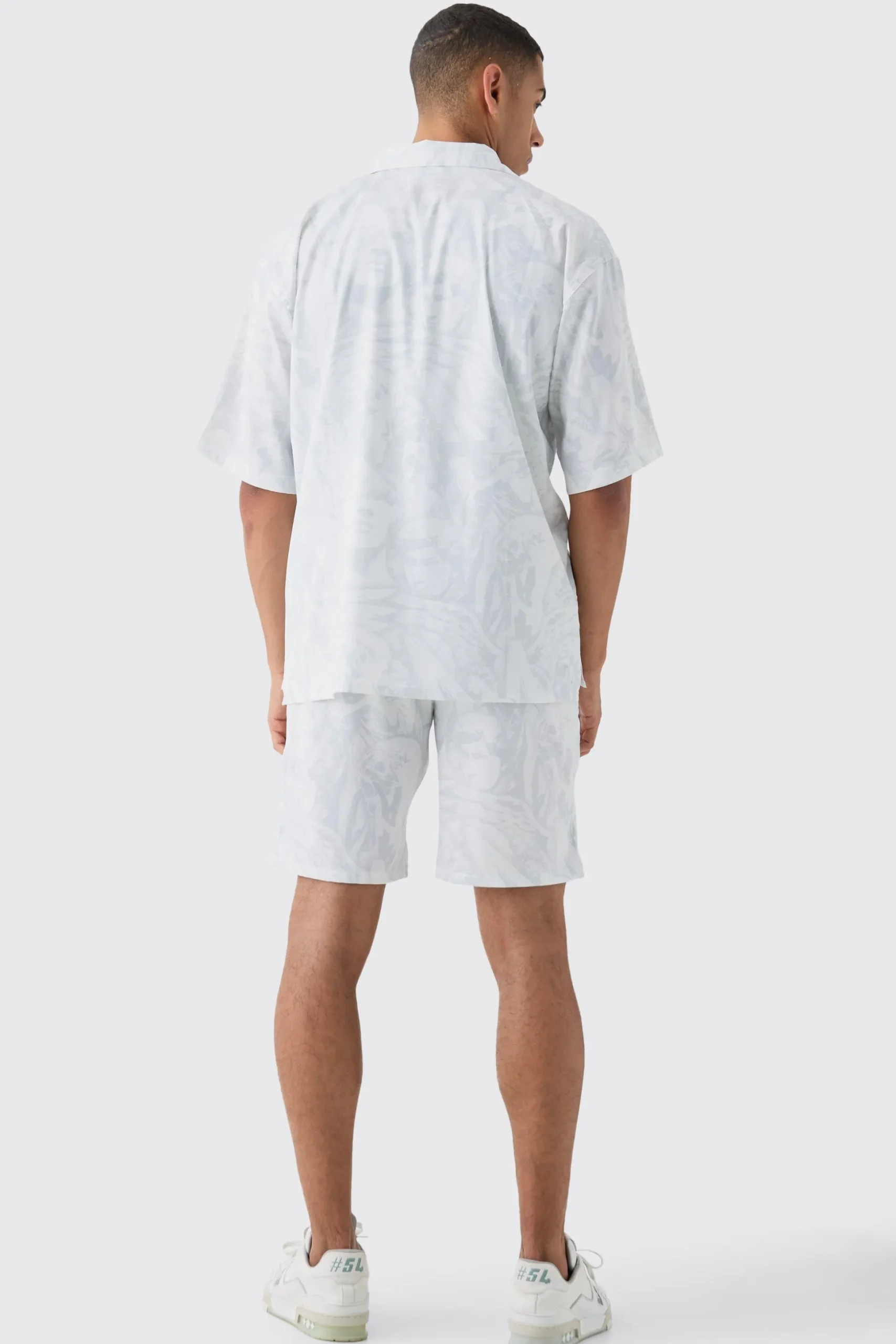 Boxy Satin Revere Collar Print Shirt And Short Set In White | BoohooMAN UK