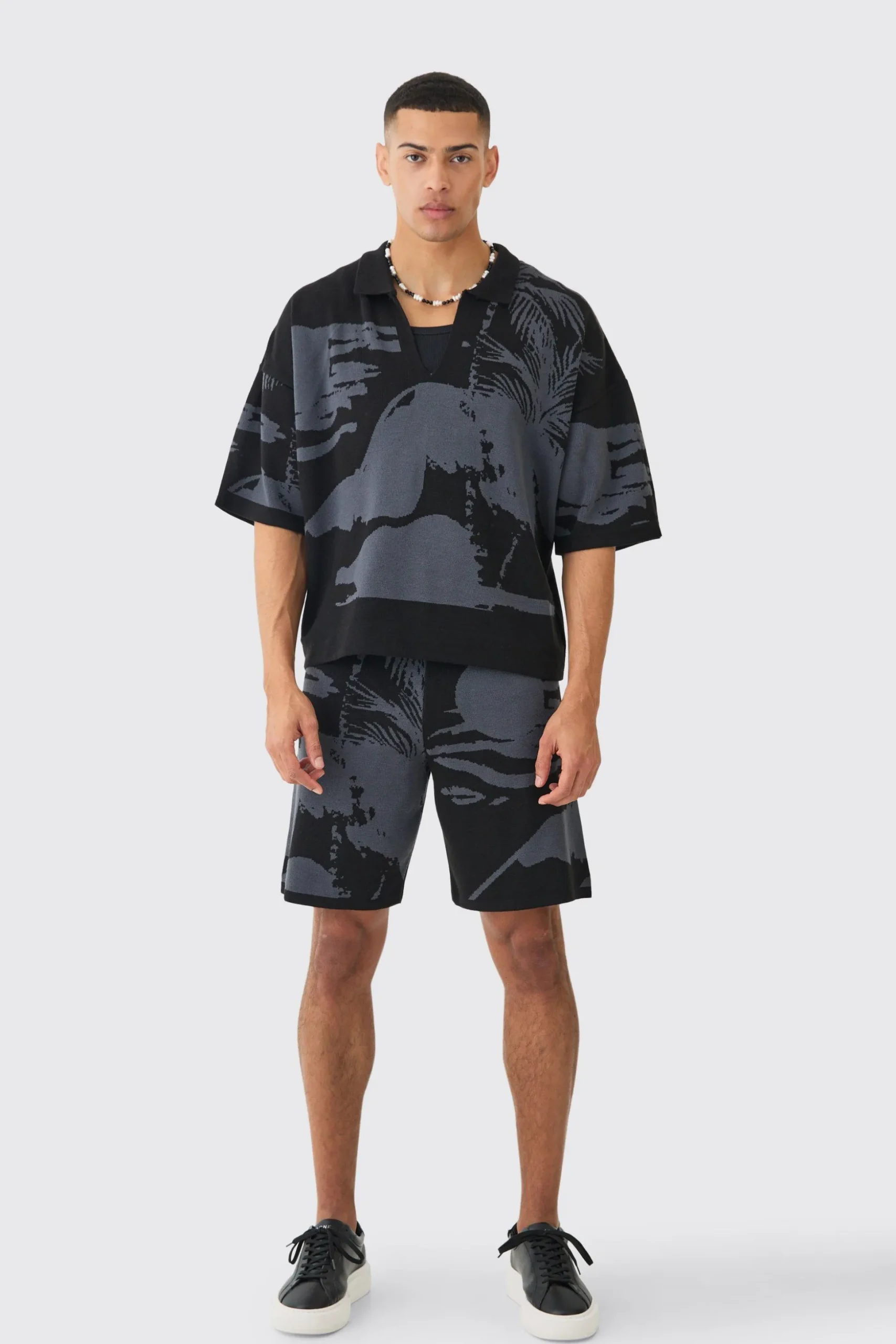 Boxy Scenic Polo And Short Set | BoohooMAN UK