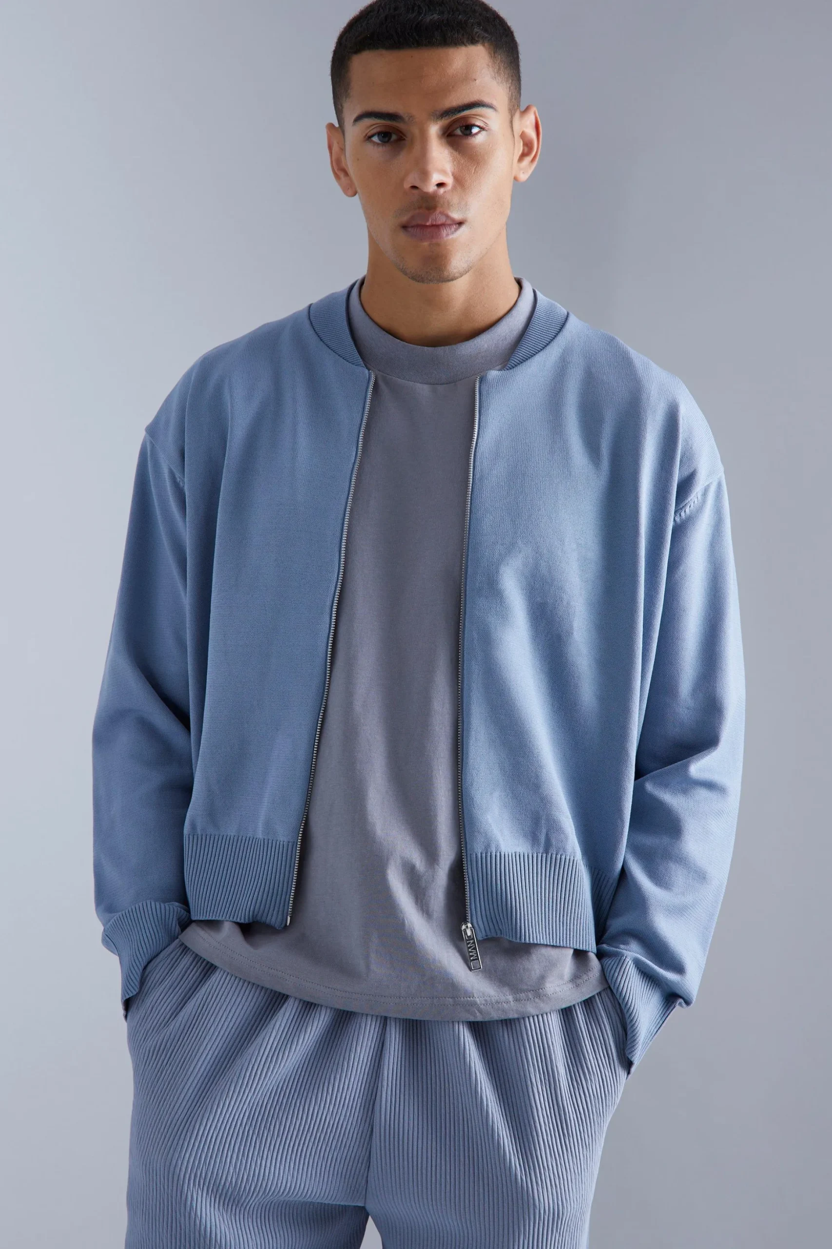 Boxy Smart Knitted Bomber | BoohooMAN UK