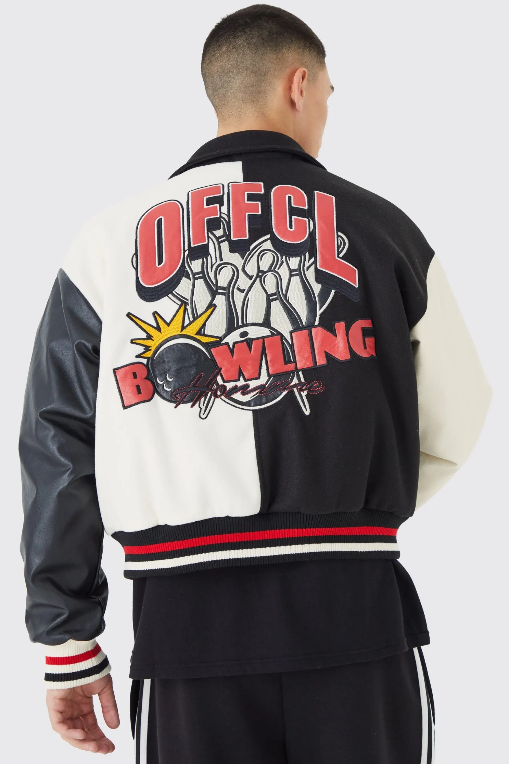 Boxy Spliced Melton & Pu Varsity Jacket | BoohooMAN UK
