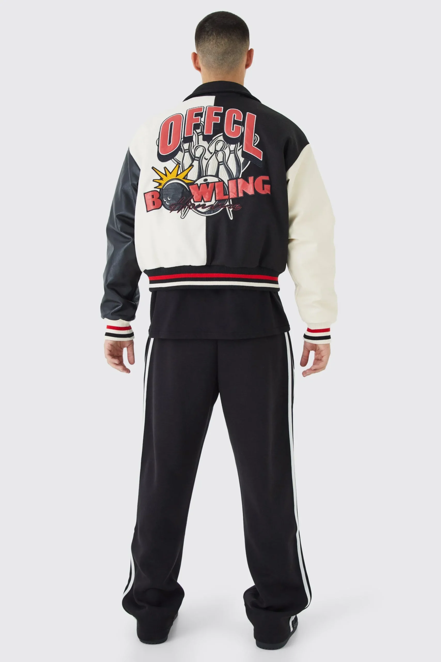 Boxy Spliced Melton & Pu Varsity Jacket | BoohooMAN UK