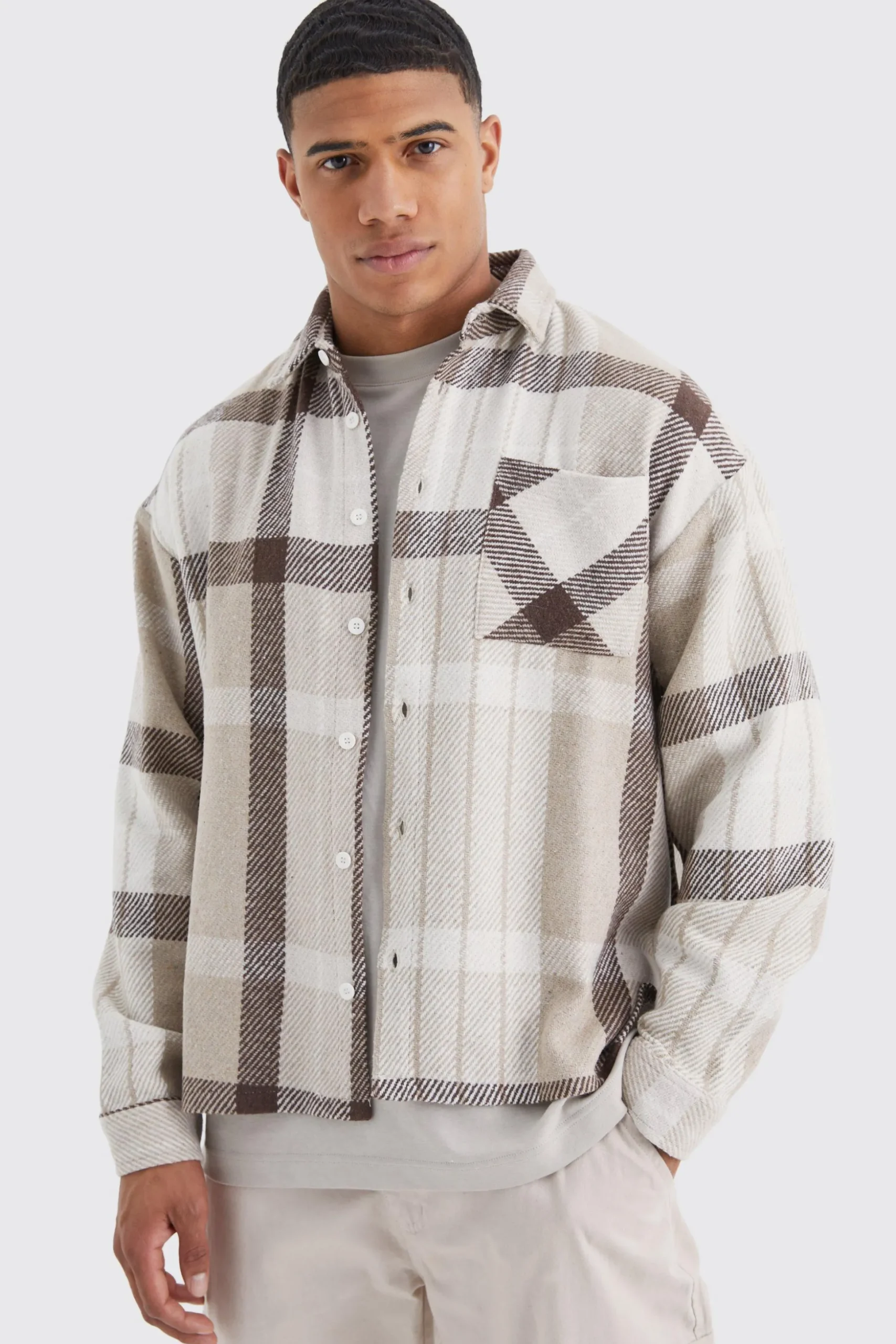 Boxy Split Hem Brushed Check Overshirt | BoohooMAN UK