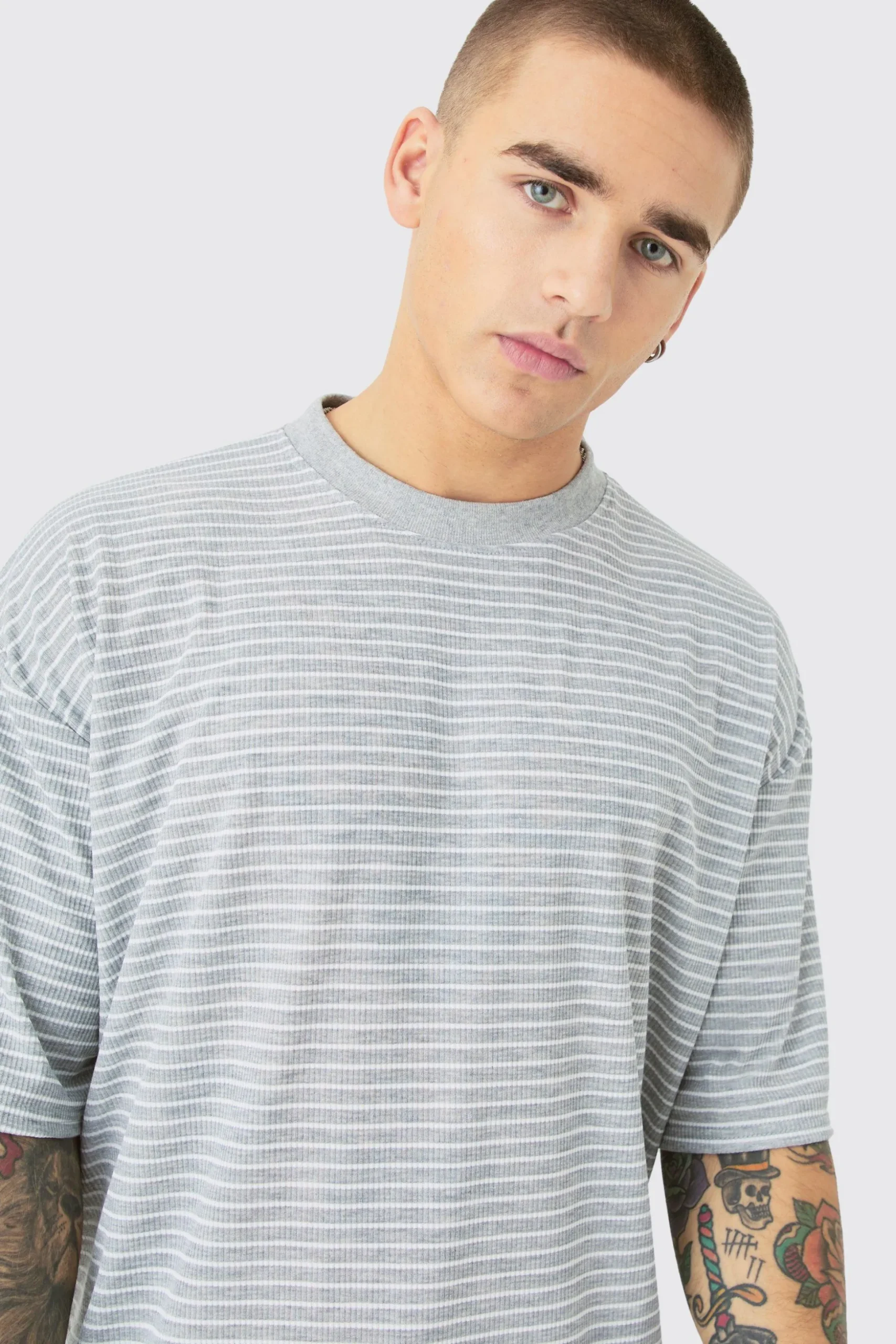 Boxy Stripe Rib T-shirt | BoohooMAN UK