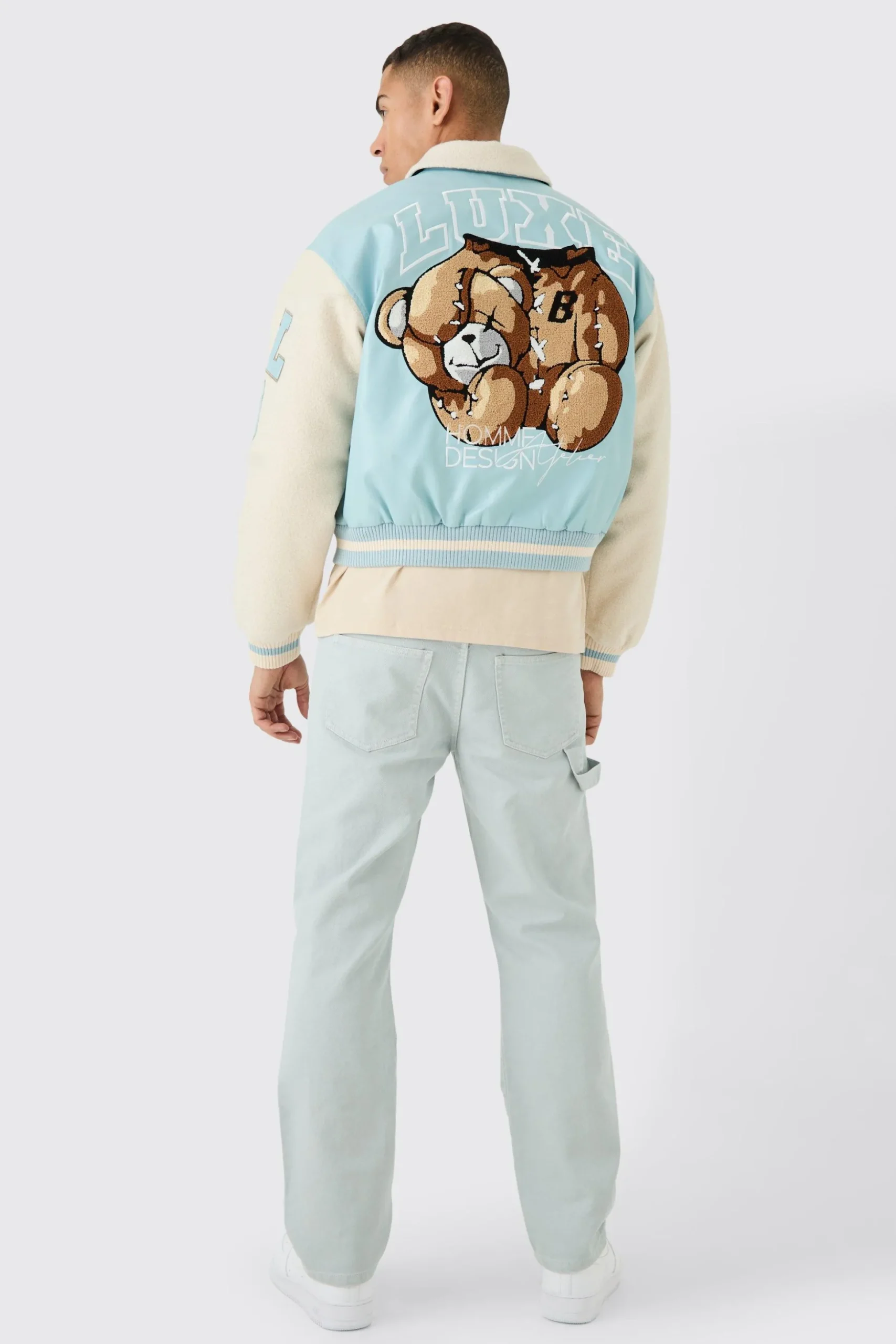 Boxy Teddy Varsity Jacket With Boucle Sleeves | BoohooMAN UK
