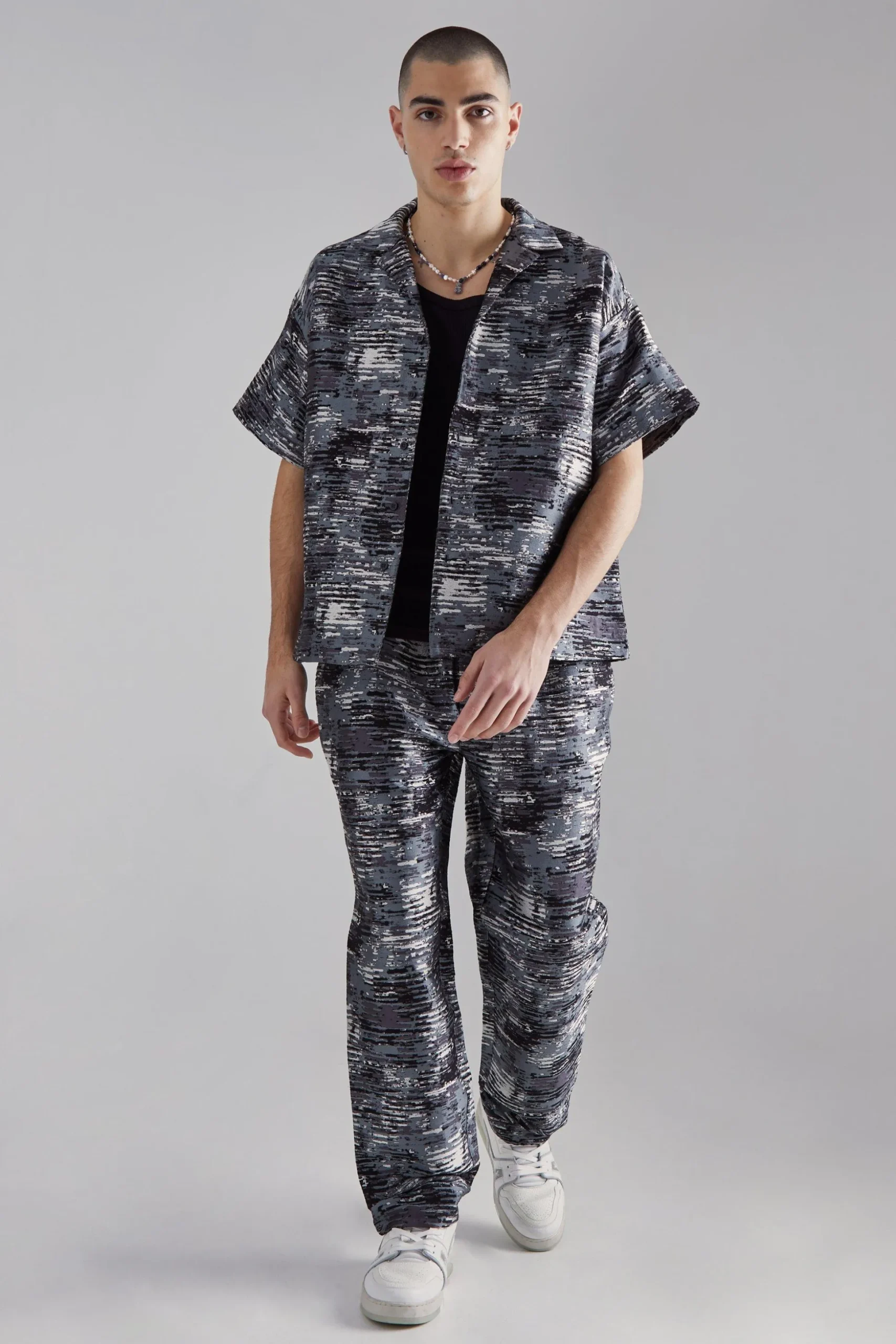 Boxy Textured Camo Shirt And Trouser Set | BoohooMAN UK