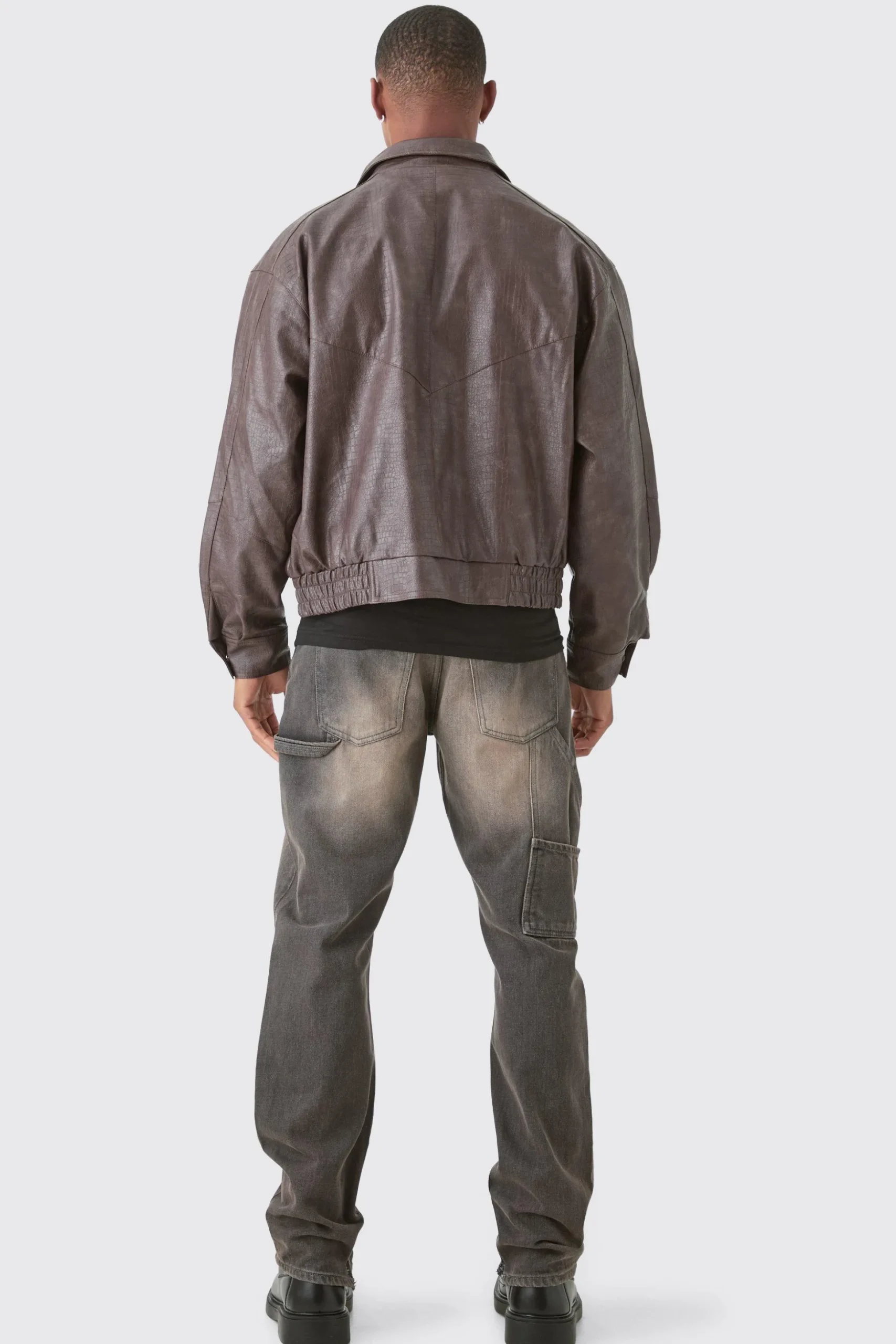Boxy Textured Pu Bomber In Brown | BoohooMAN UK