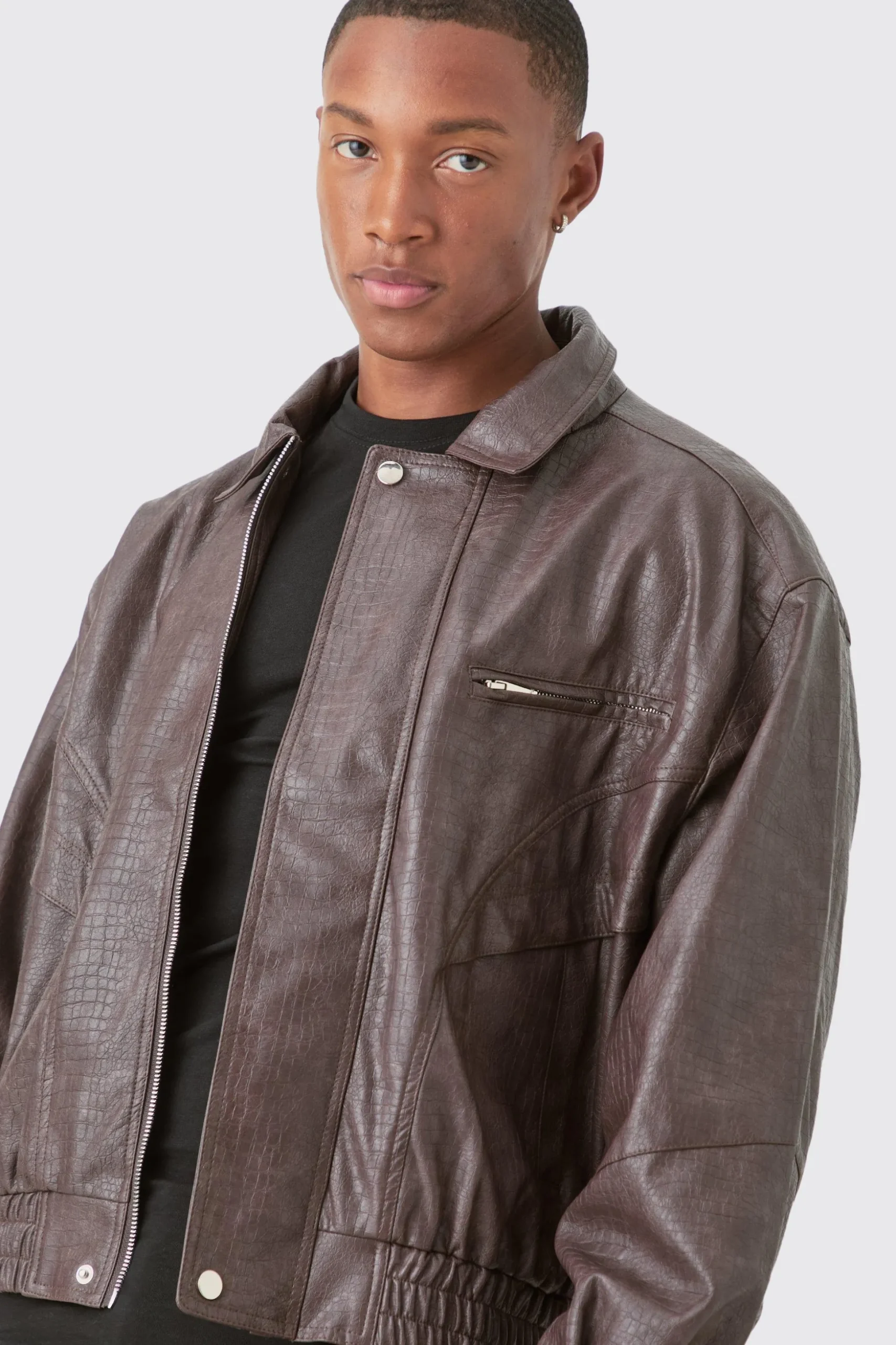 Boxy Textured Pu Bomber In Brown | BoohooMAN UK