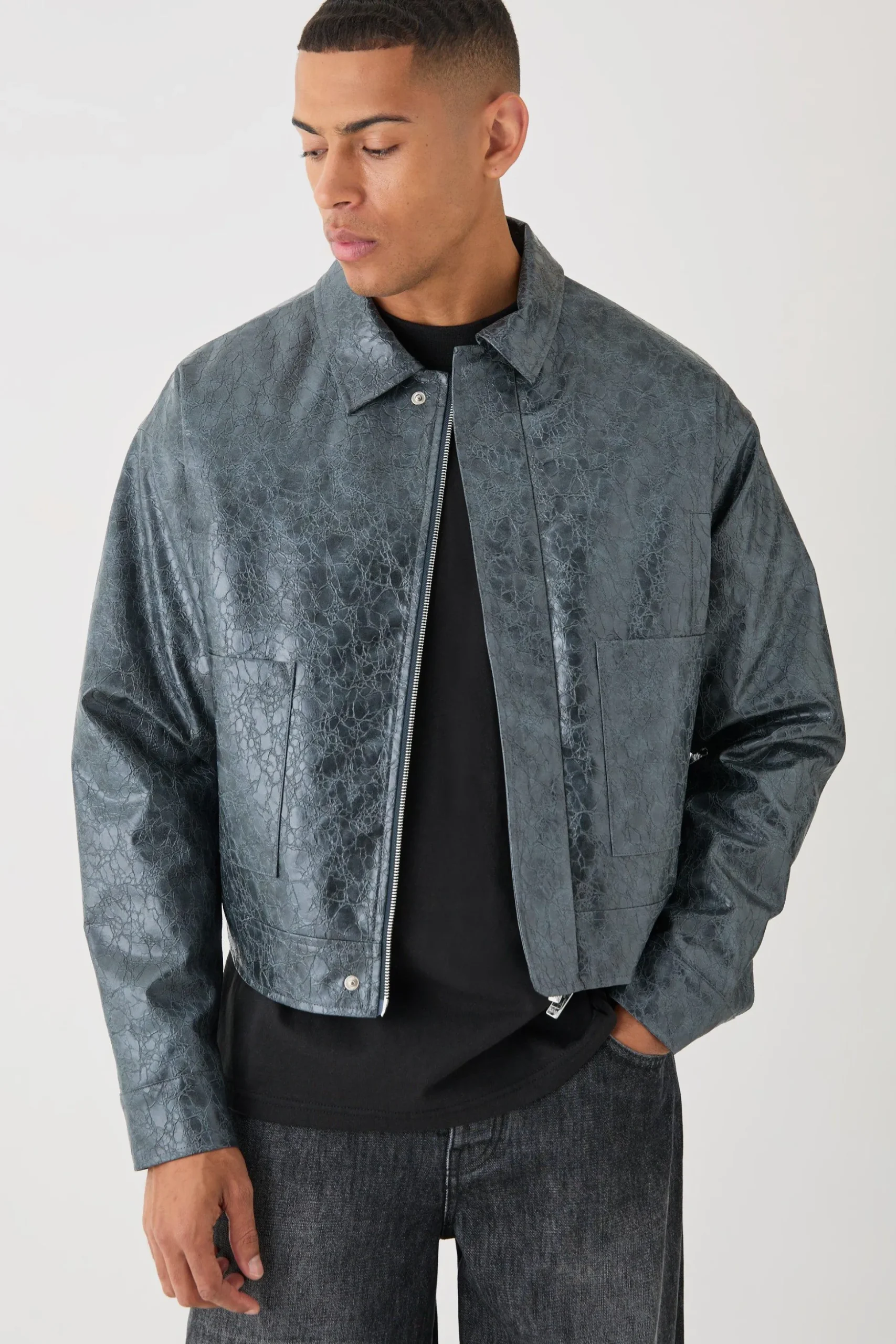 Boxy Textured Pu Harrington In Grey | BoohooMAN UK