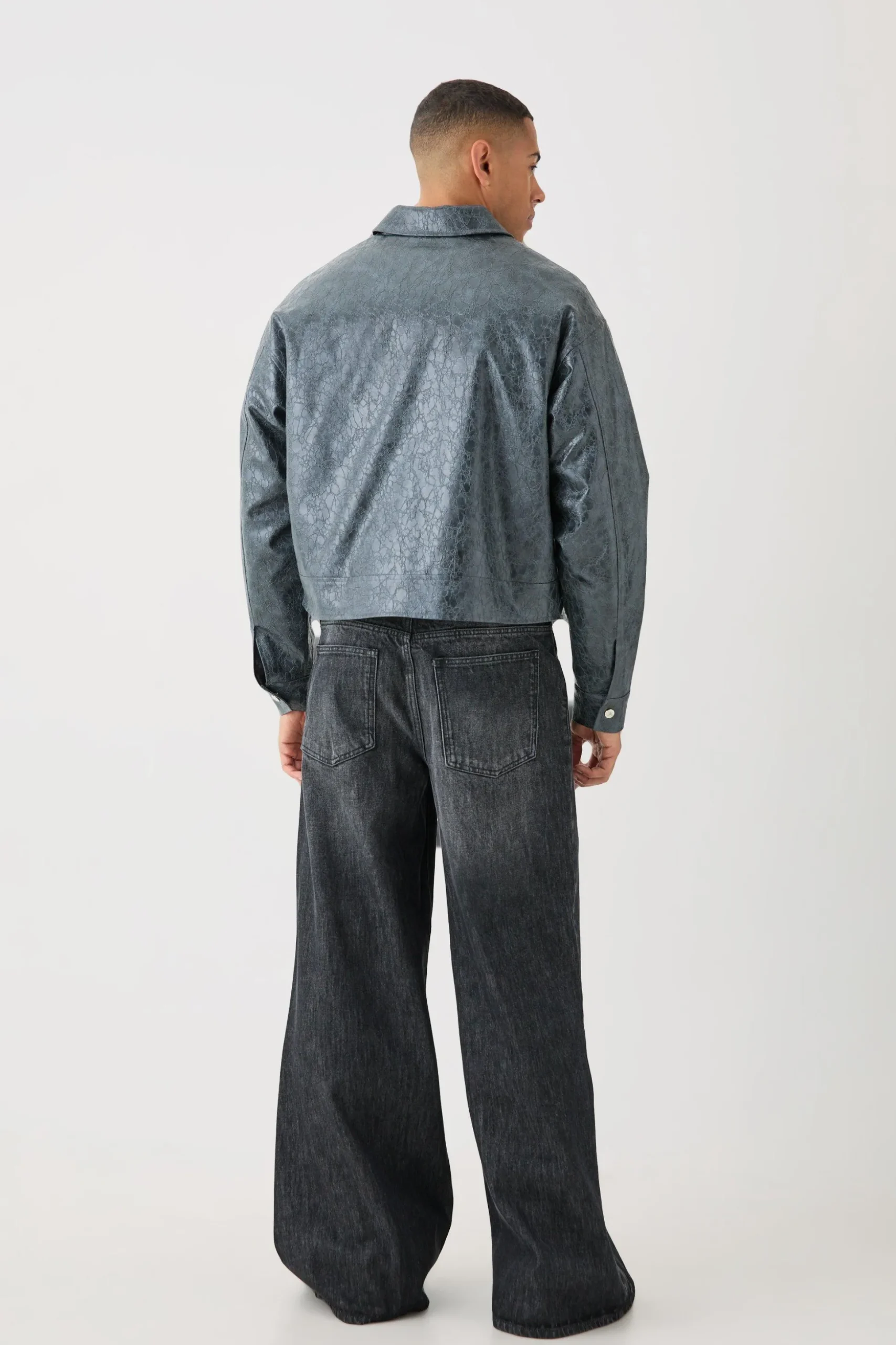 Boxy Textured Pu Harrington In Grey | BoohooMAN UK