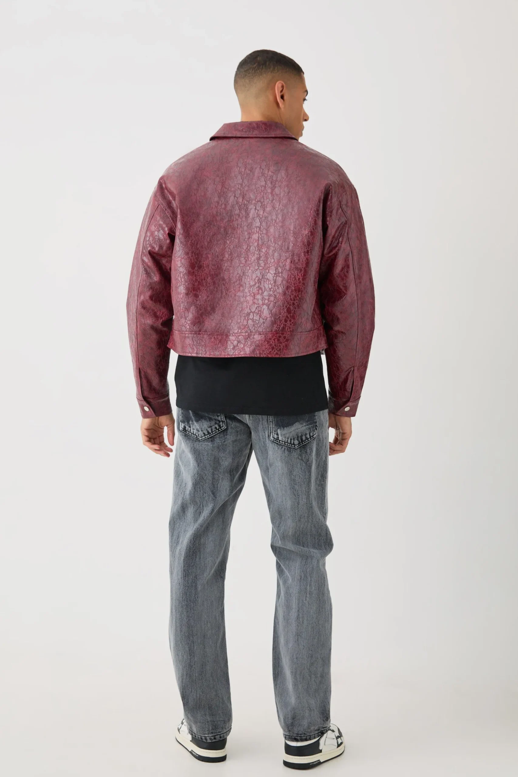 Boxy Textured Pu Harrington Jacket In Red | BoohooMAN UK
