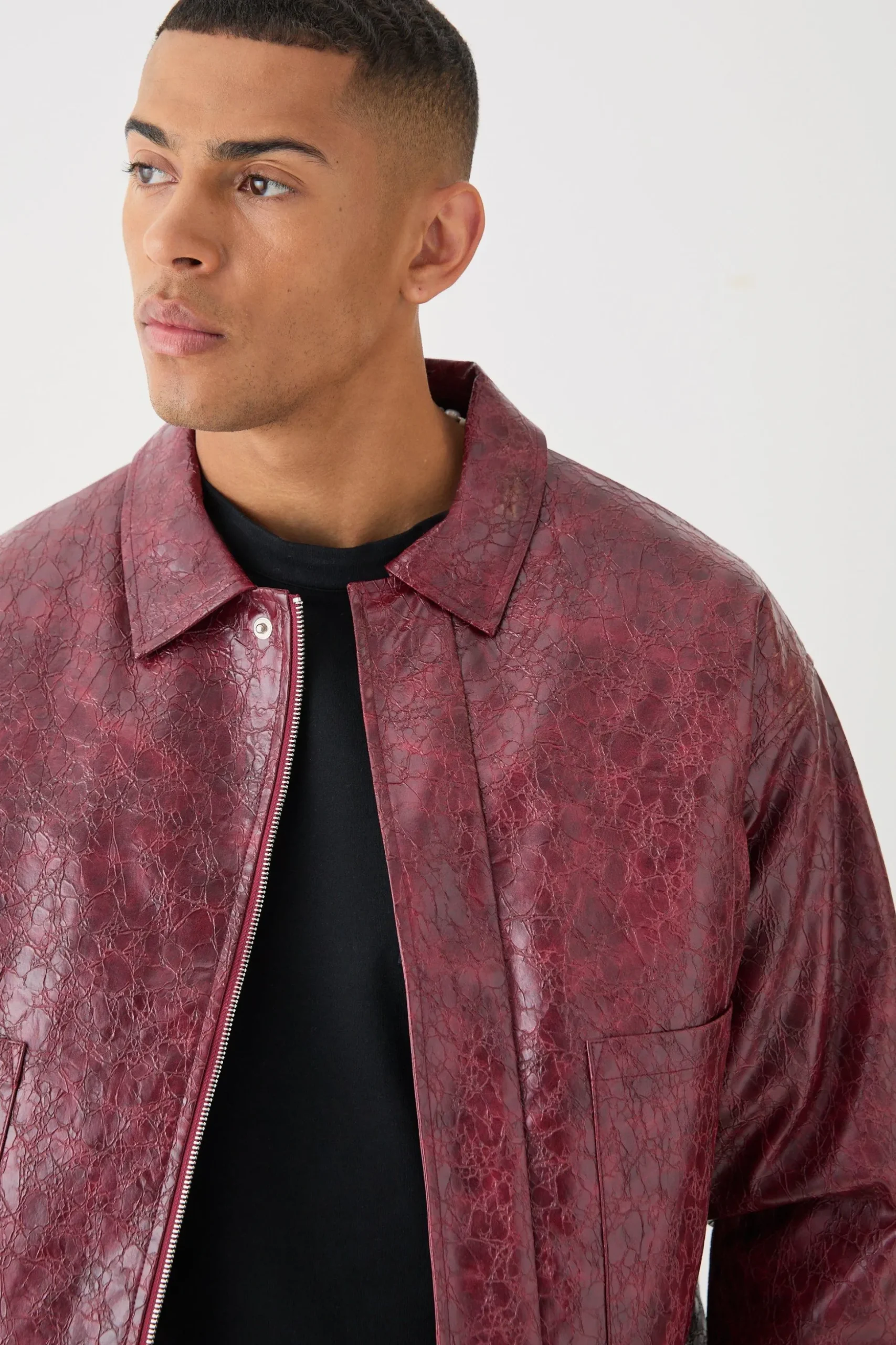 Boxy Textured Pu Harrington Jacket In Red | BoohooMAN UK