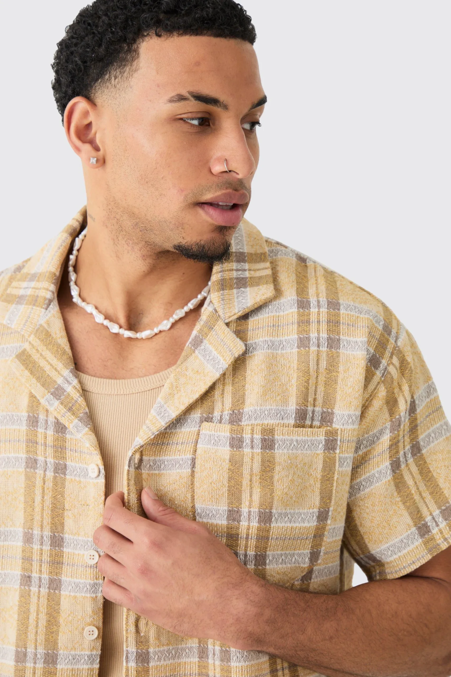 Boxy Tonal Textured Check Shirt | BoohooMAN UK