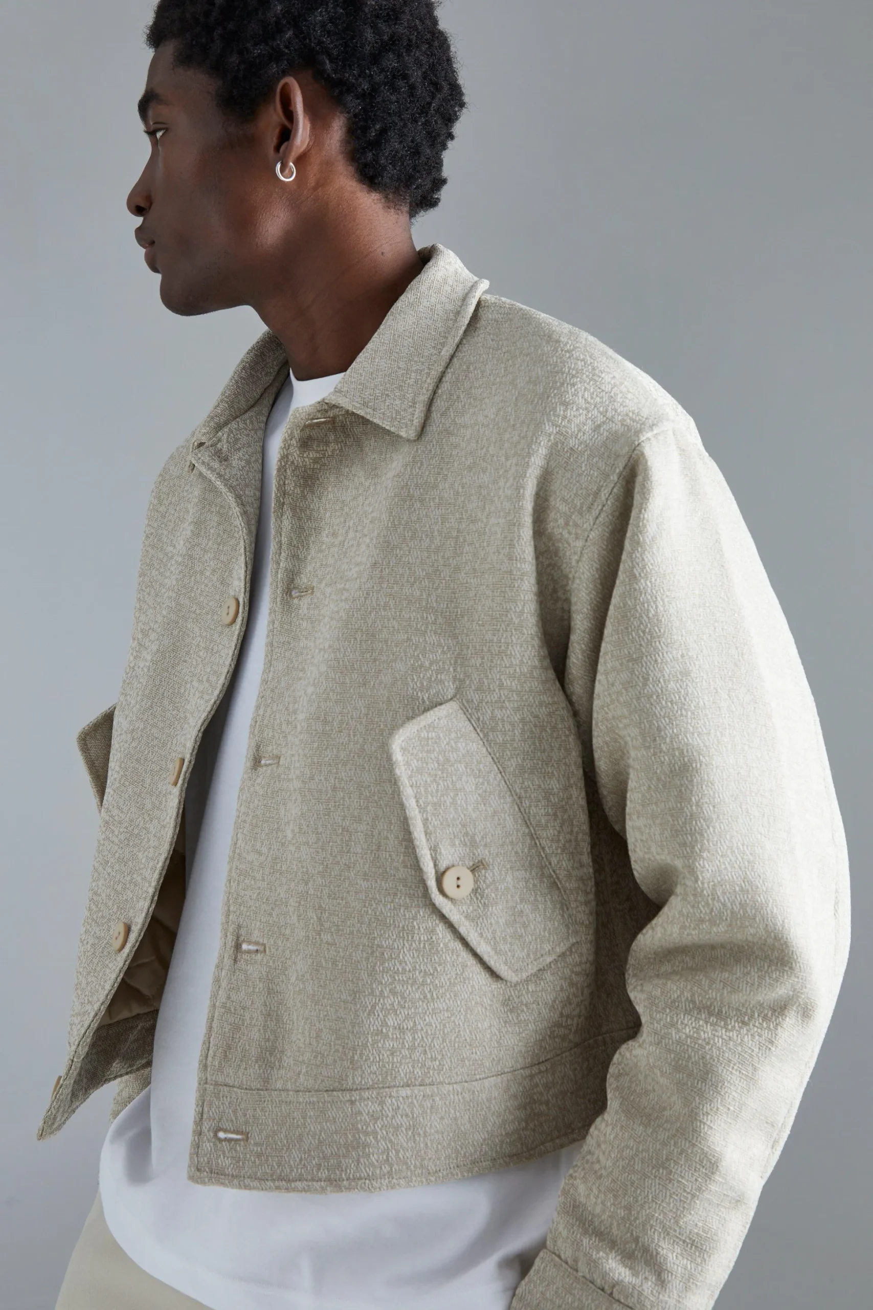 Boxy Tonal Textured Jacquard Harrington | BoohooMAN UK