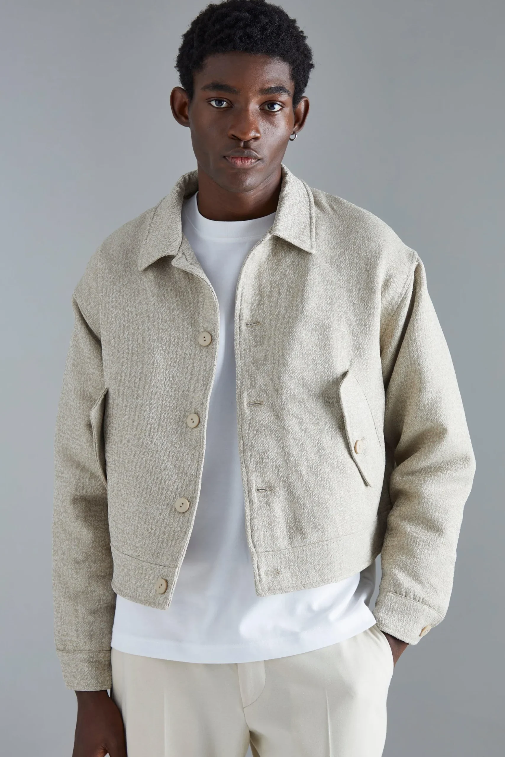 Boxy Tonal Textured Jacquard Harrington | BoohooMAN UK