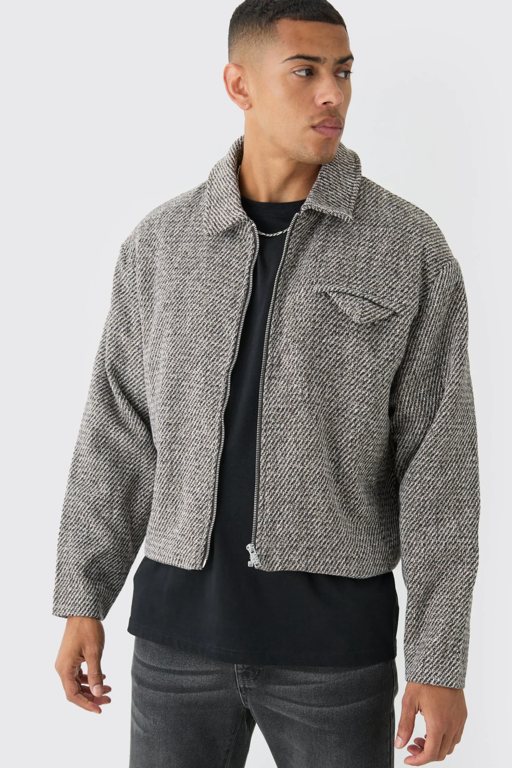 Boxy Tweed Collared Jacket | BoohooMAN UK