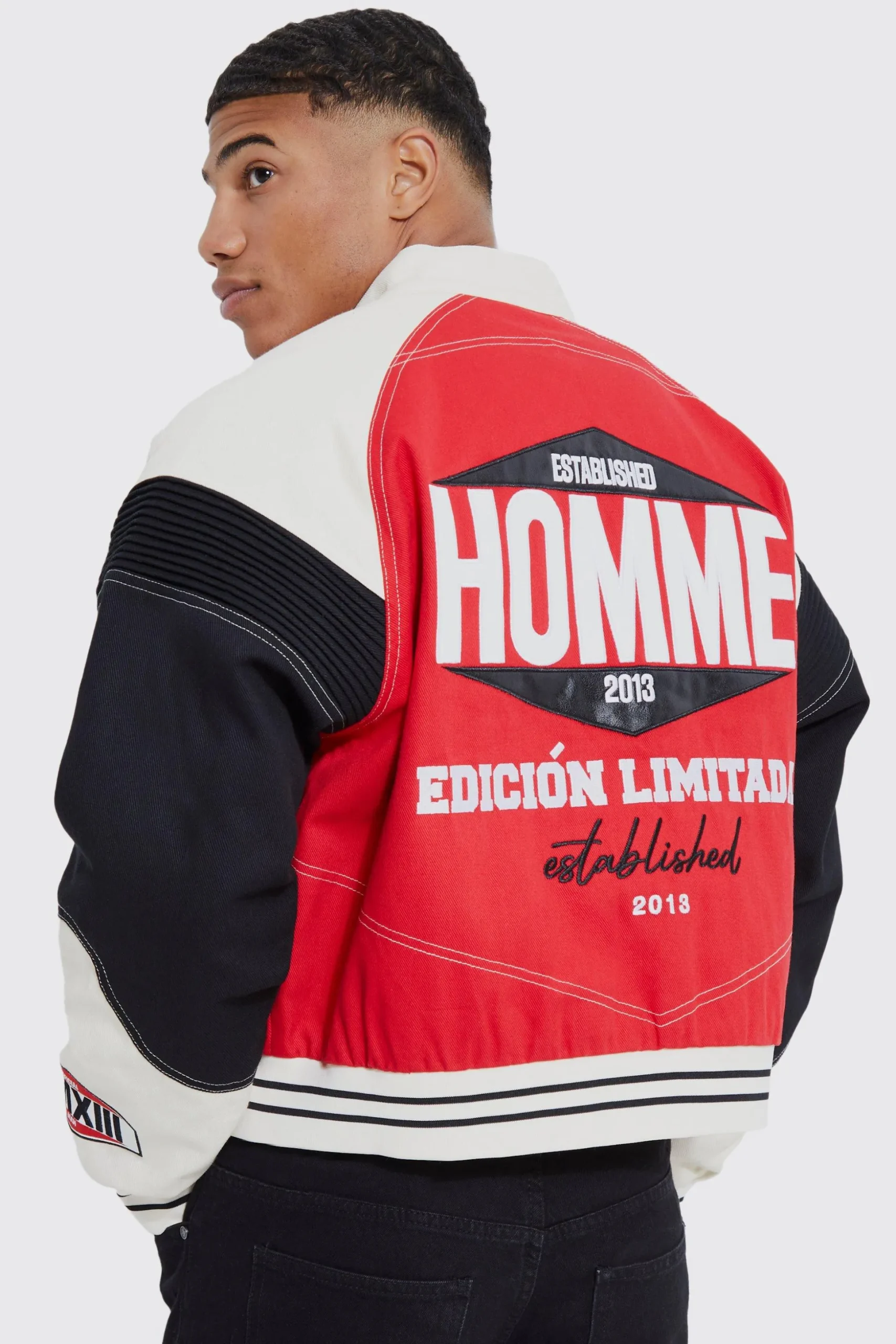 Boxy Twill Biker Panel Moto Jacket | BoohooMAN UK
