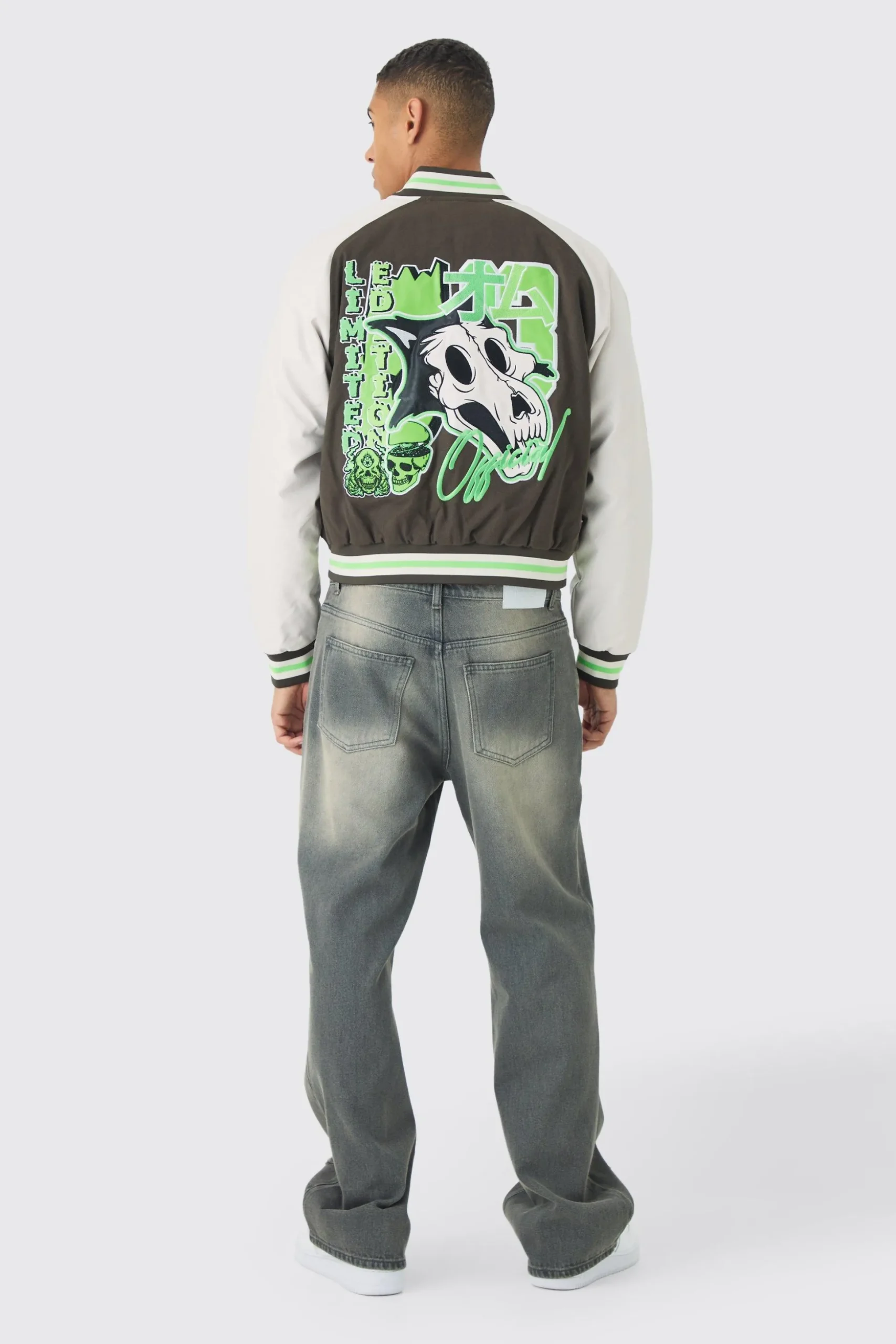 Boxy Twill Limited Badge PU Sleeve Varsity Jacket In Green | BoohooMAN UK