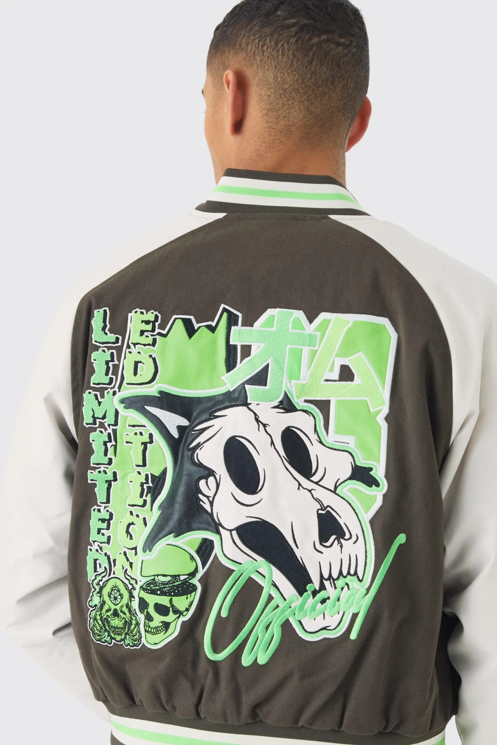 Boxy Twill Limited Badge PU Sleeve Varsity Jacket In Green | BoohooMAN UK