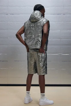 Boxy Utility Metallic Nylon Quilted Hoodie Vest | BoohooMAN UK