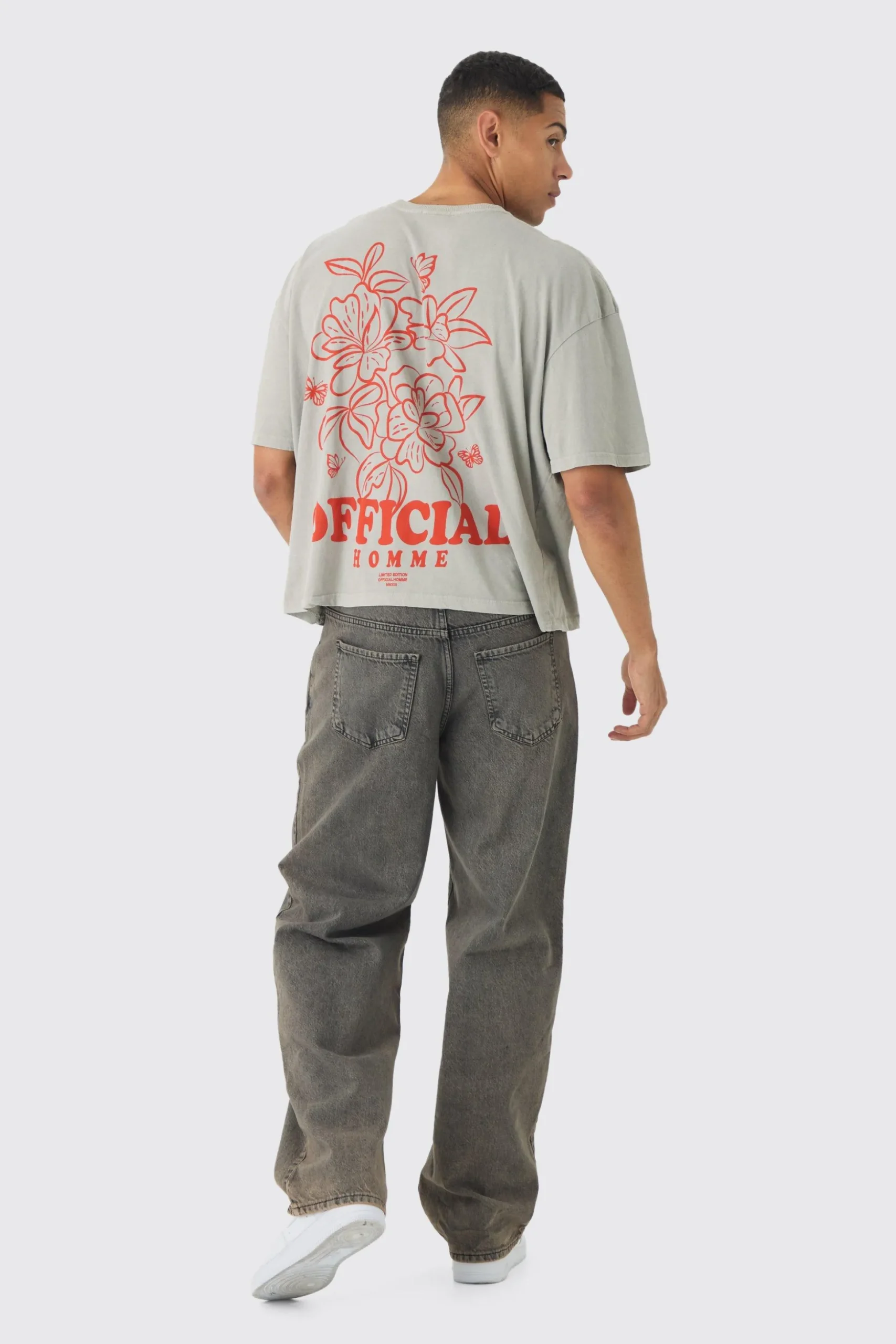 Boxy Washed Floral Back Print T-Shirt | BoohooMAN UK