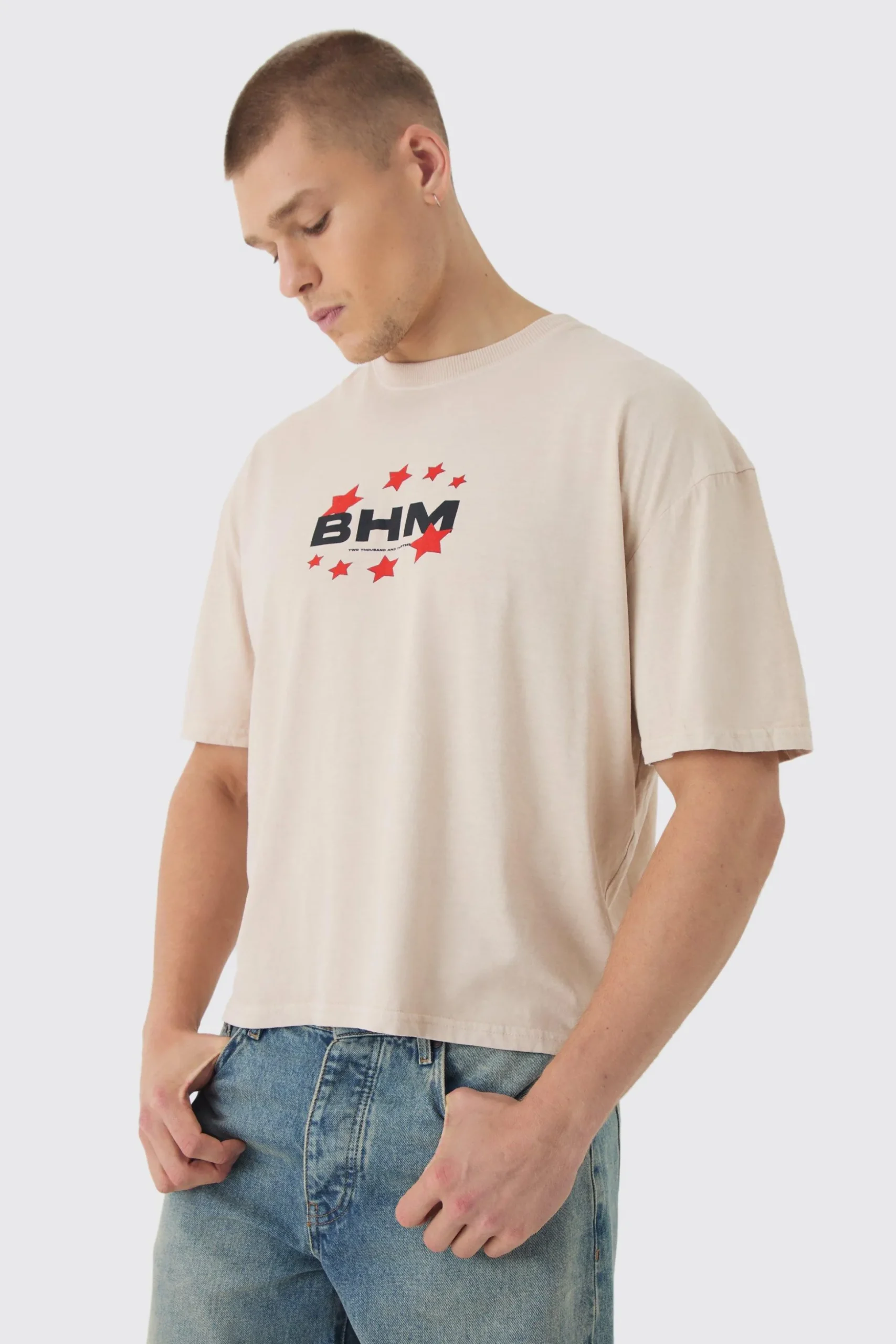 Boxy Washed Pour Homme Star Print T-Shirt | BoohooMAN UK