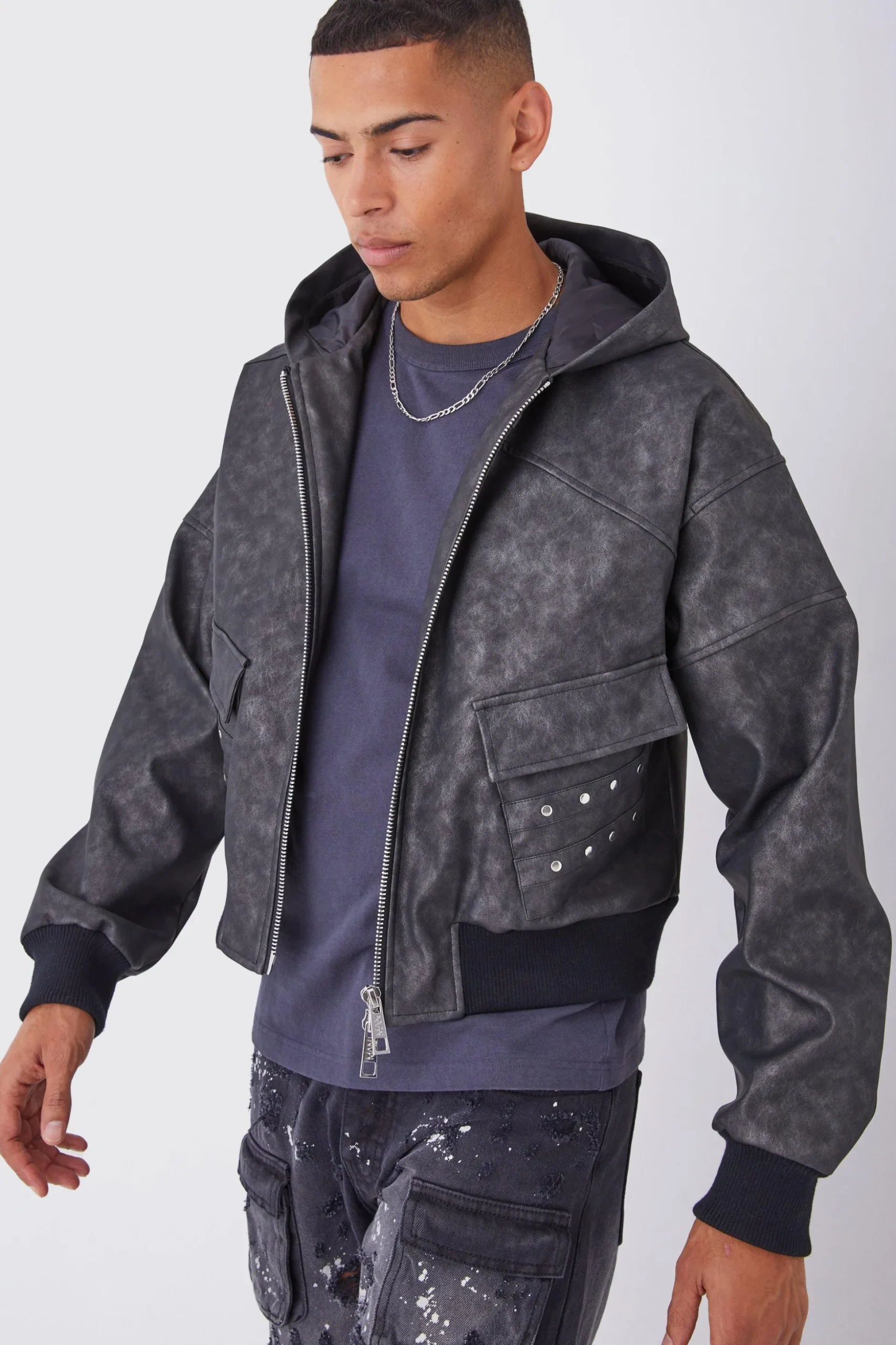Boxy Washed Pu Hooded Bomber | BoohooMAN UK