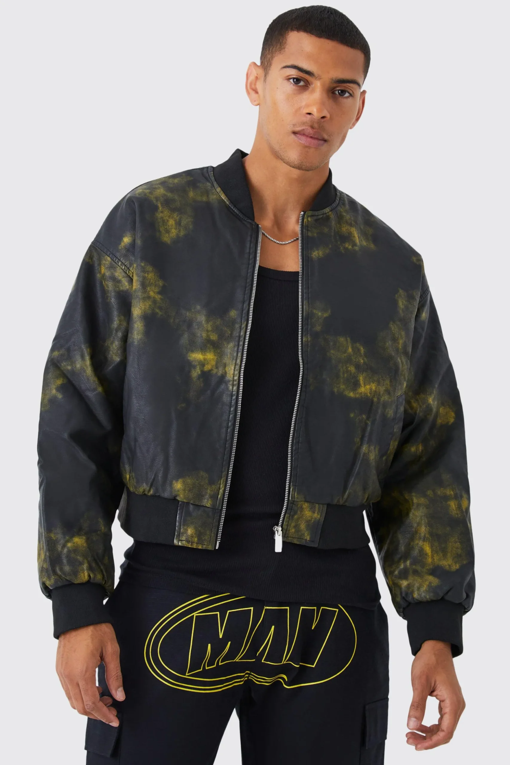 Boxy Washed Pu Padded Bomber | BoohooMAN UK