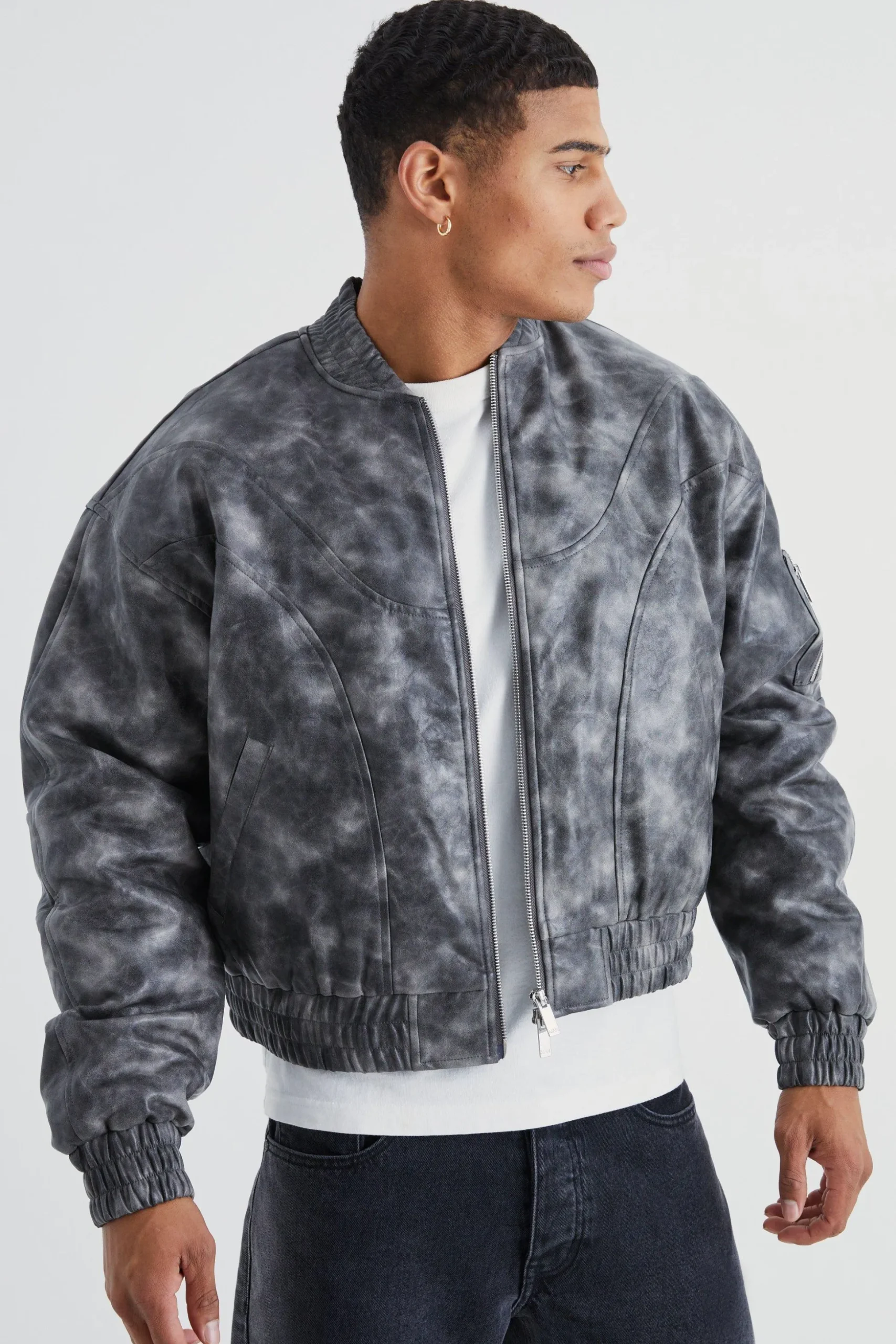Boxy Washed Pu Seam Detail Padded Bomber | BoohooMAN UK