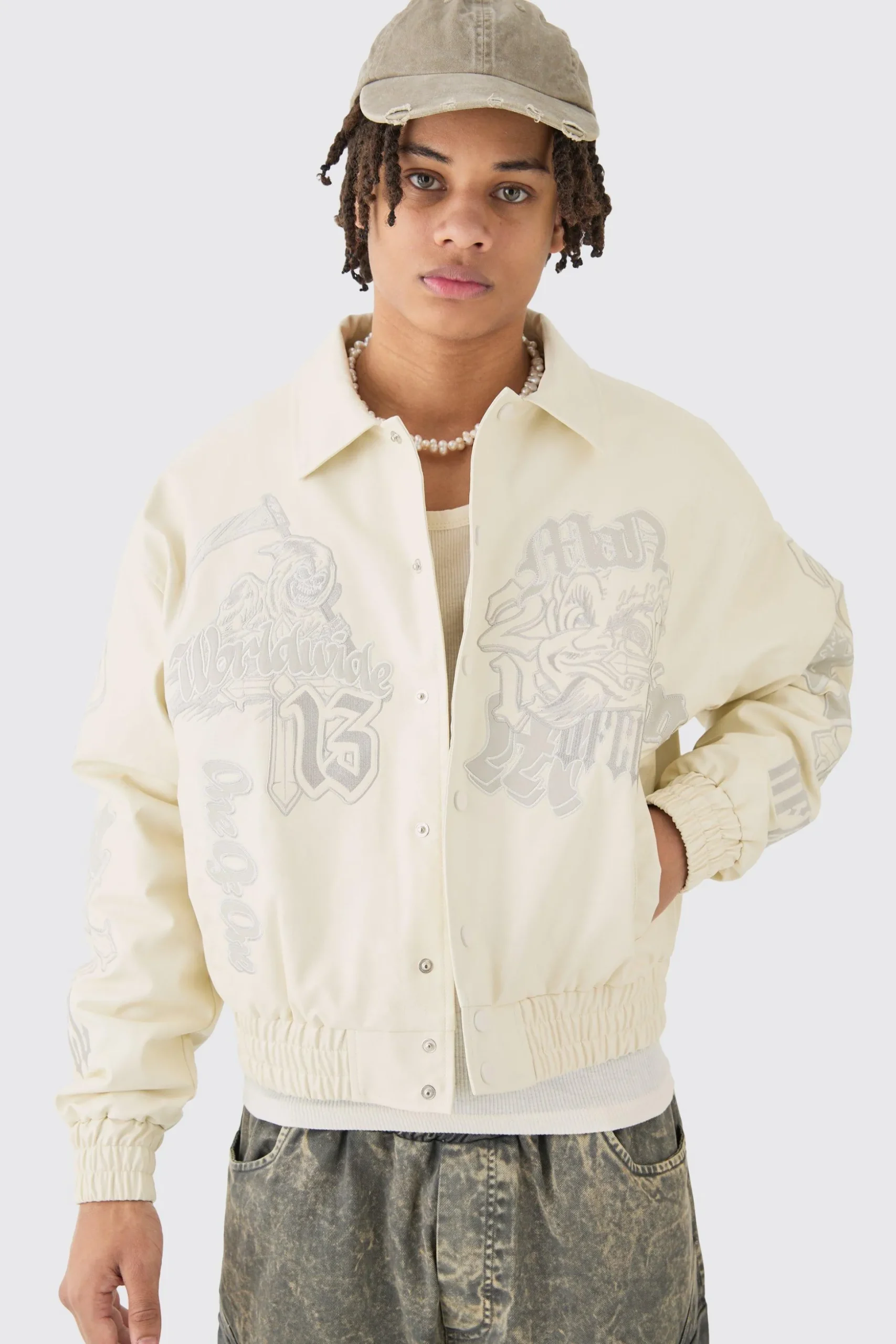 Boxy Worldwide Tonal Badge Collared Bomber In Ecru | BoohooMAN UK