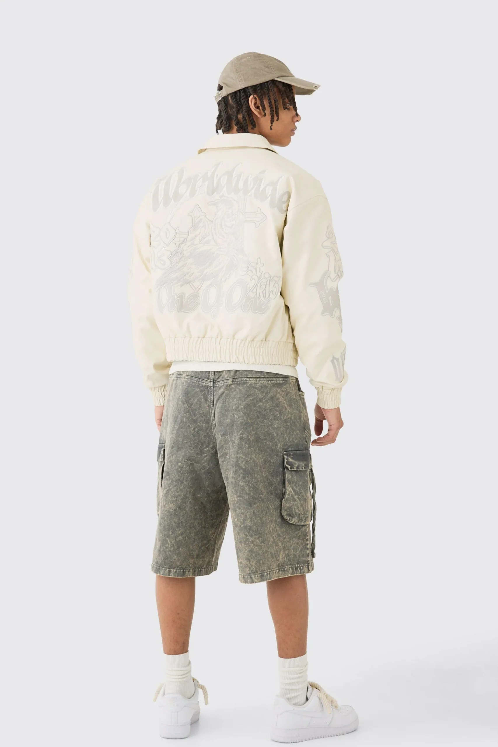 Boxy Worldwide Tonal Badge Collared Bomber In Ecru | BoohooMAN UK