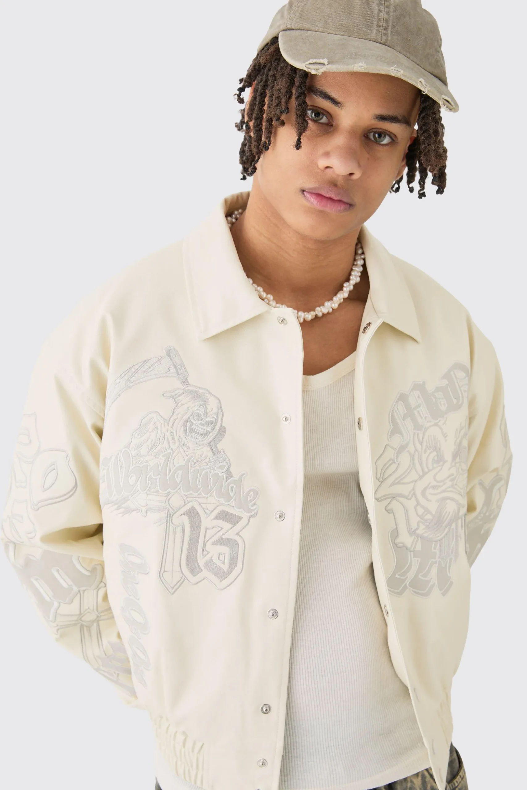 Boxy Worldwide Tonal Badge Collared Bomber In Ecru | BoohooMAN UK