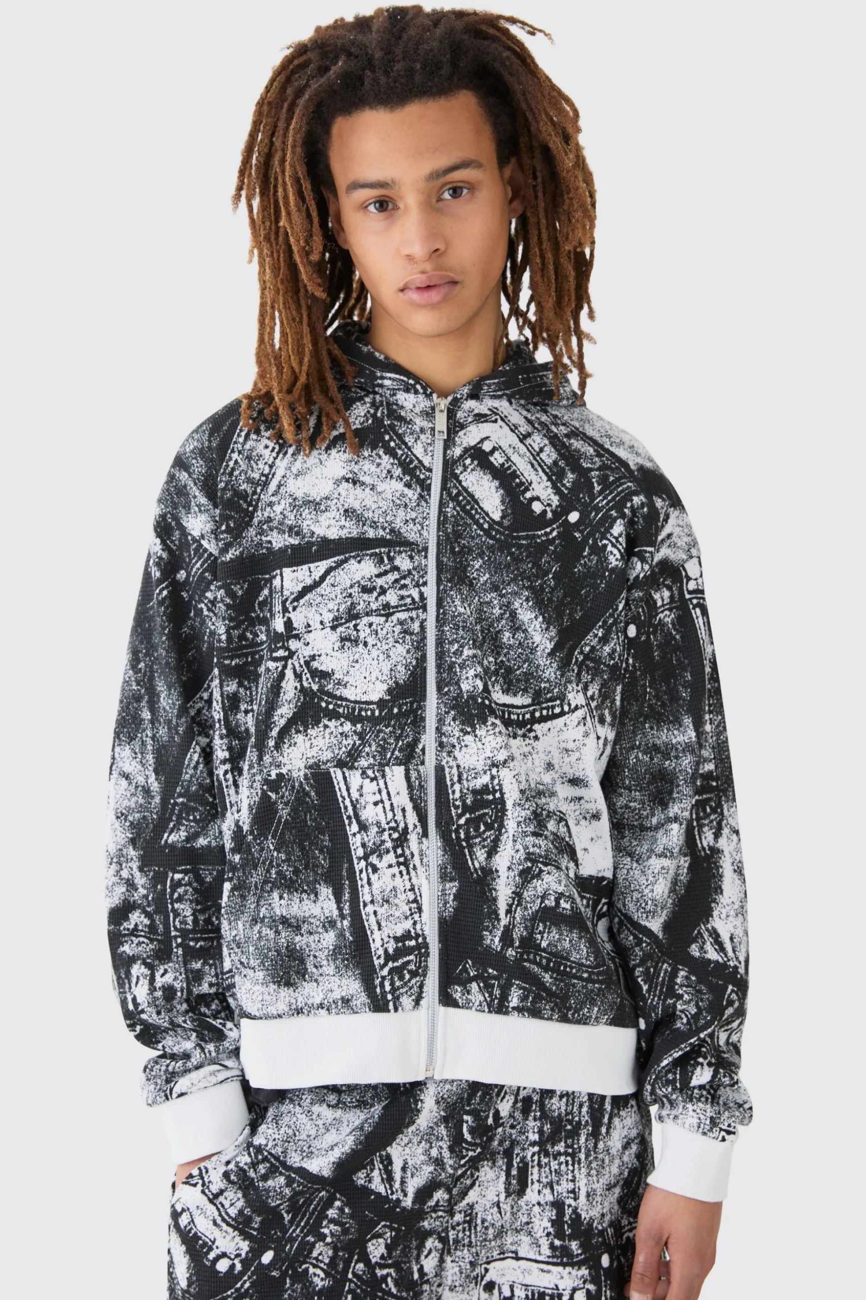 Boxy Zip Through Printed Heavyweight Waffle Hoodie | BoohooMAN UK