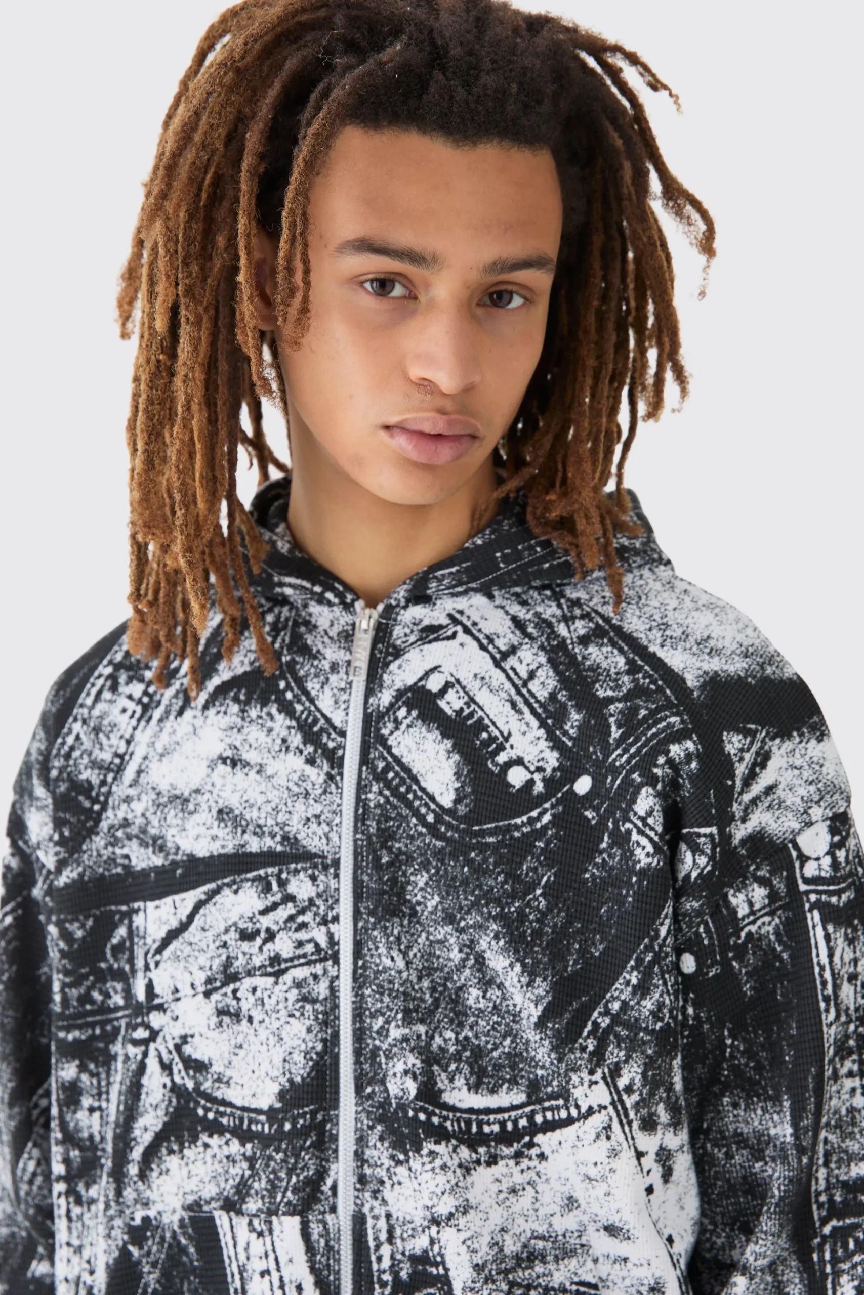 Boxy Zip Through Printed Heavyweight Waffle Hoodie | BoohooMAN UK