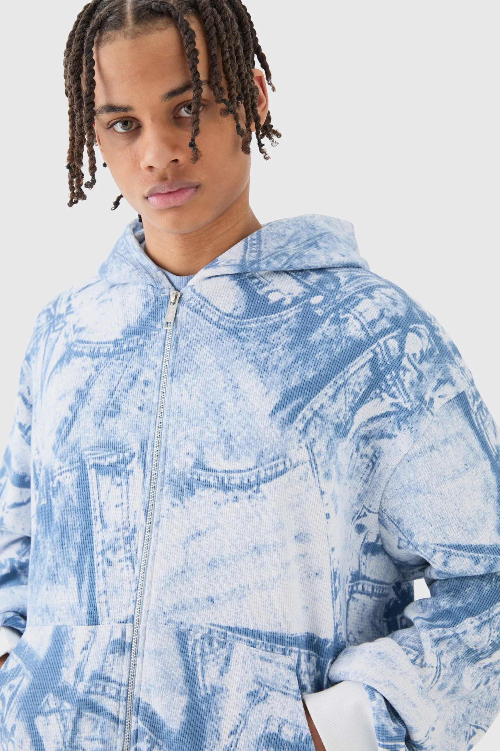 Boxy Zip Through Printed Heavyweight Waffle Hoodie | BoohooMAN UK