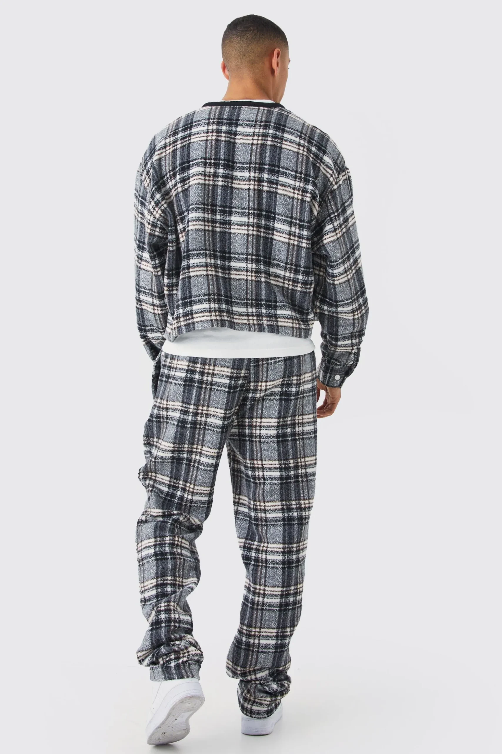 Brushed Check Boxy Bomber Jacket & Straight Leg Trouser | BoohooMAN UK
