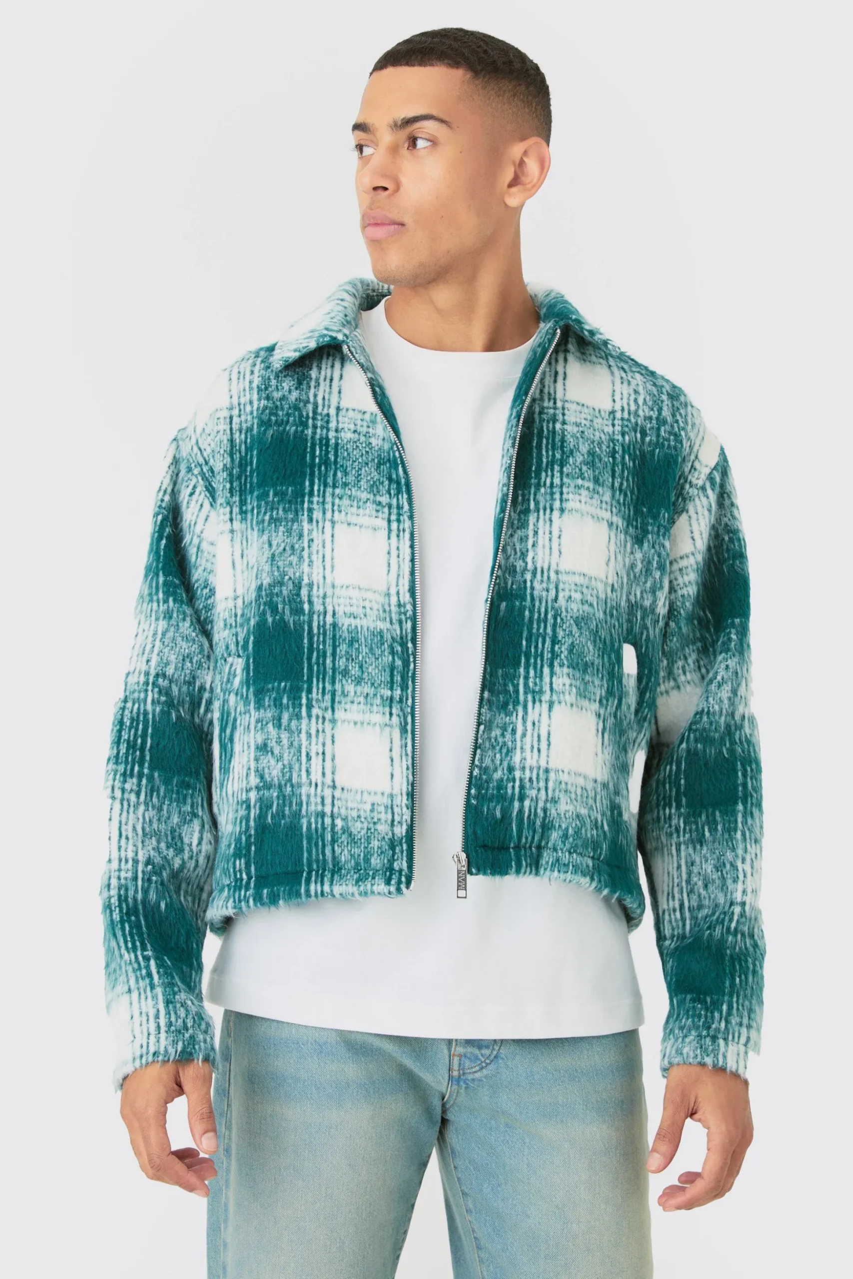 Brushed Check Collared Harrington Jacket In Green | BoohooMAN UK