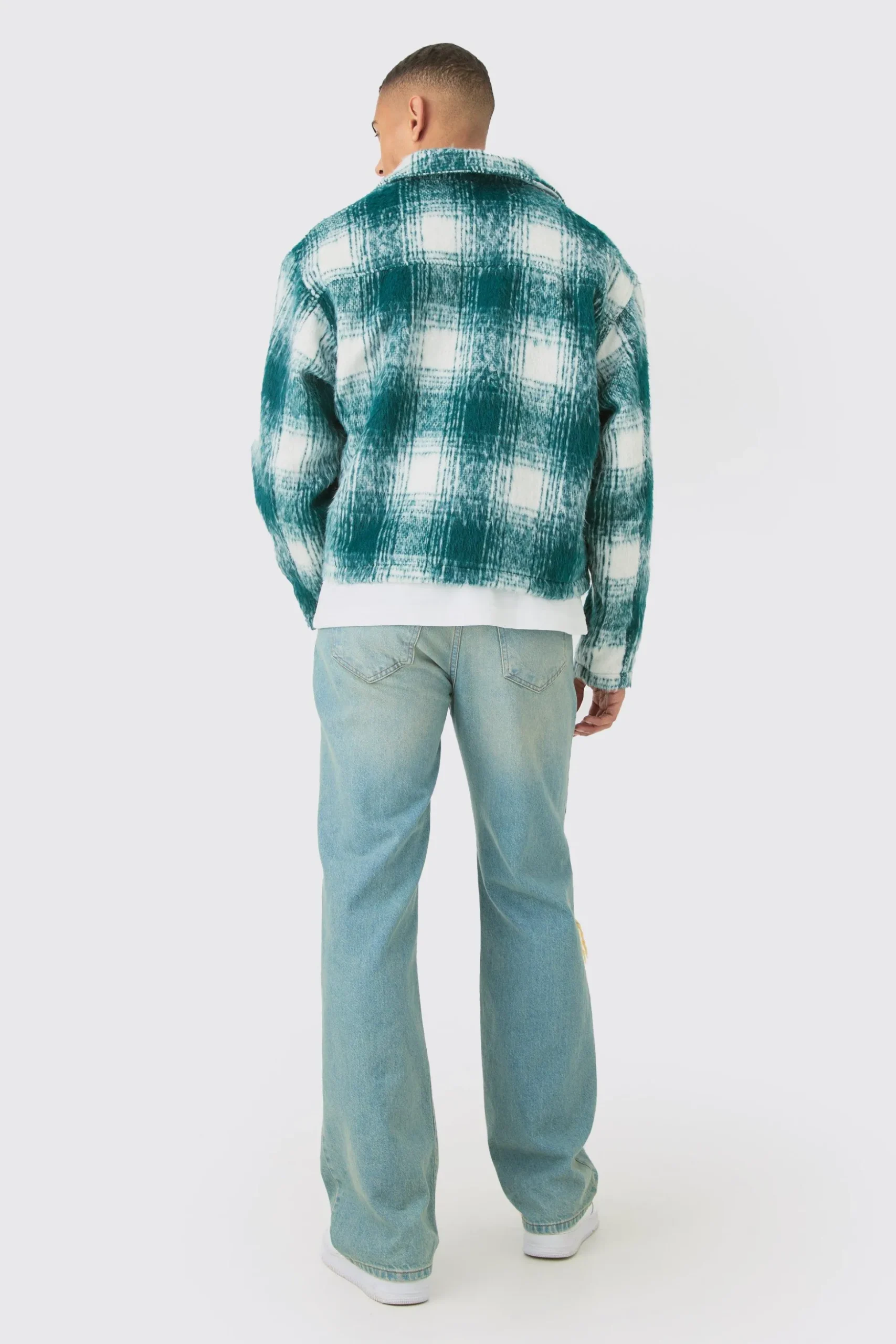 Brushed Check Collared Harrington Jacket In Green | BoohooMAN UK